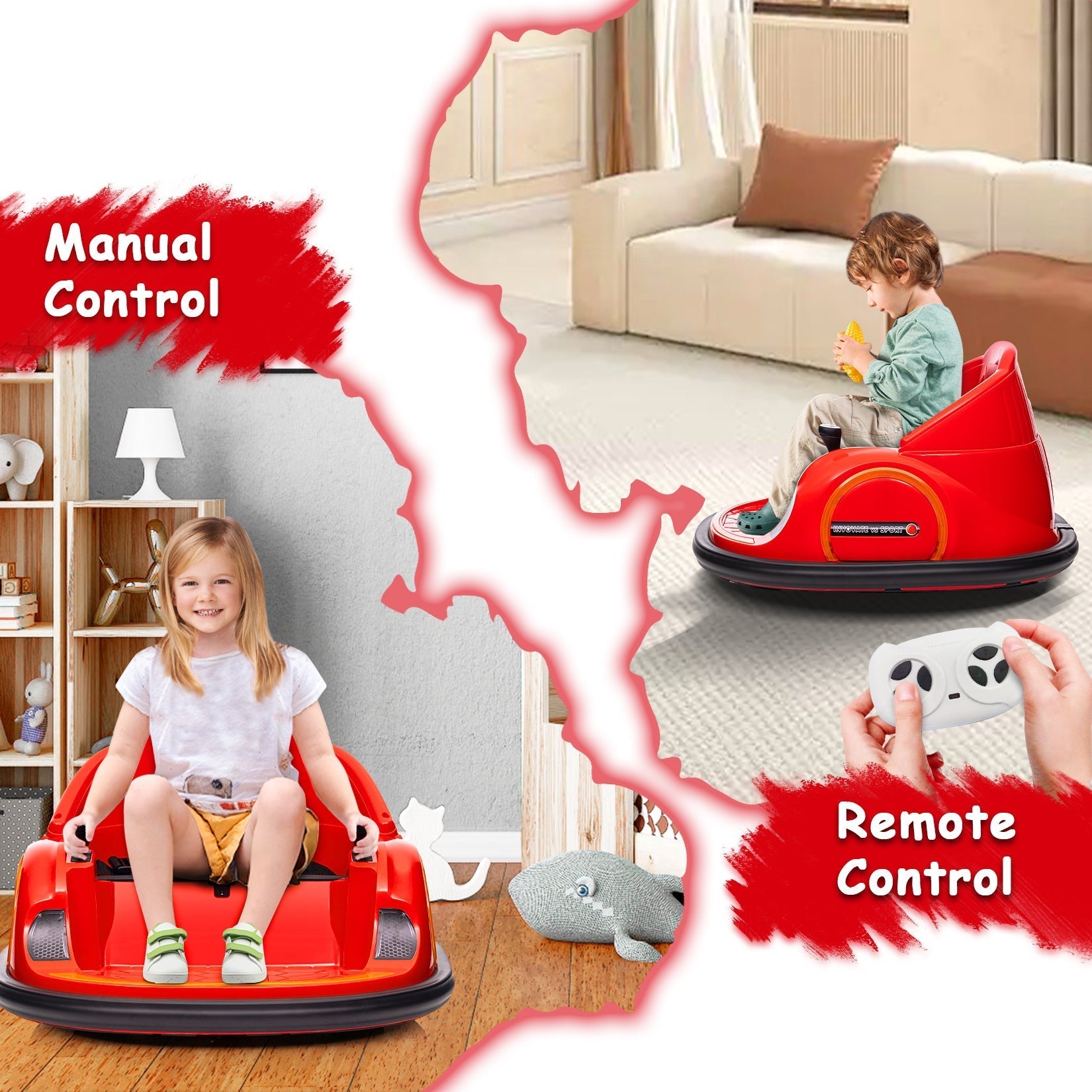 Garvee Ride - B Series: 12V Kids Ride On Bumper Car Electric Vehicle for Toddlers Ride on Toy Bumping Car with Remote Control, Battery Display, 360°Spin, LED Lights, MP3, USB, Red