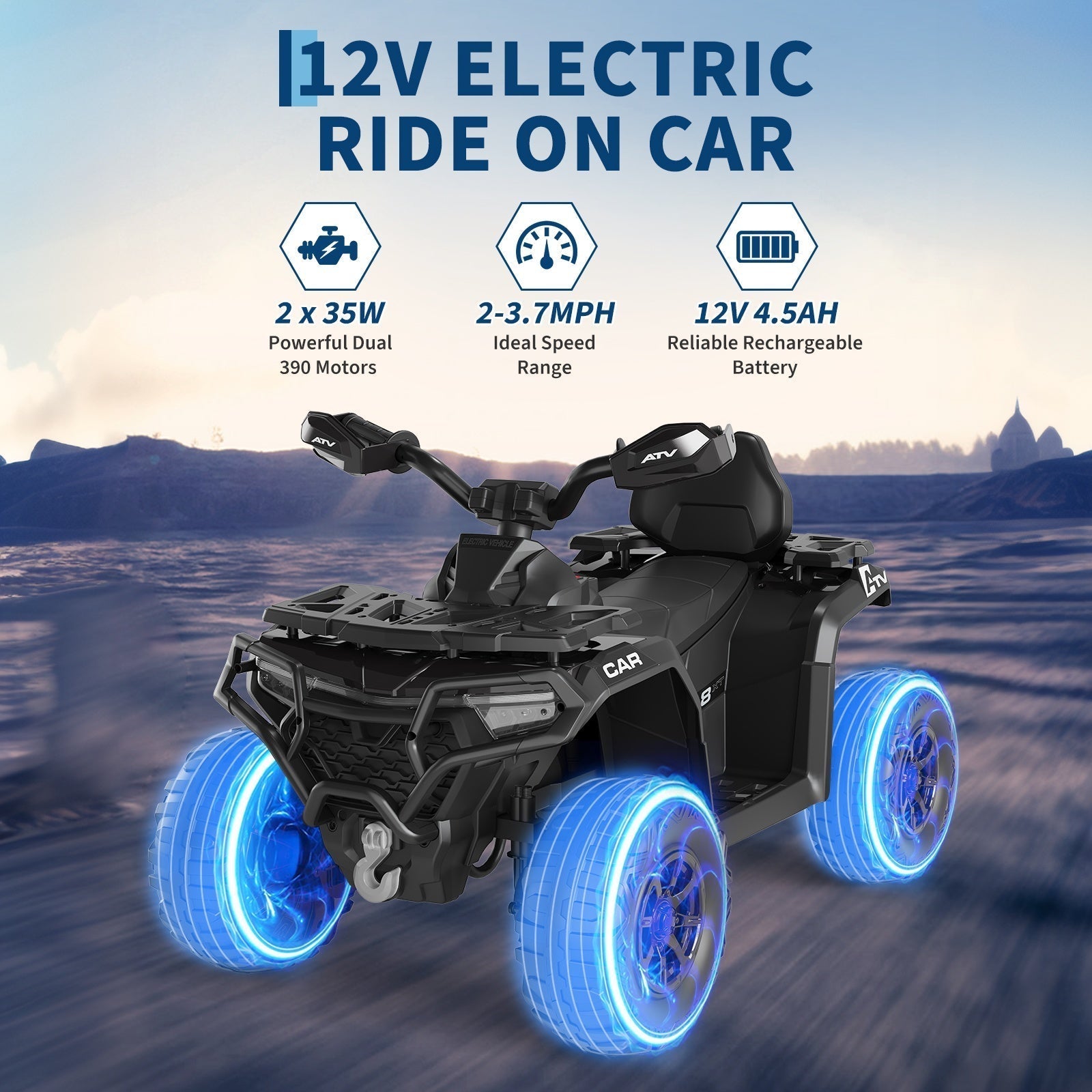 Garvee 12V Electric Ride On Car for Kids 3-8 Years, 2 * 45W Motor, Remote Control, LED Lights, Music Player & Emergency Brake, Battery Powered Cars for Toddlers & Big Kids - Black