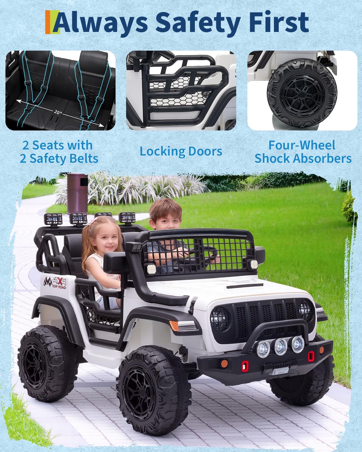 Garvee 24V Ride on Toys for Big Kids, 2-Seater Electric Ride on Car Truck with Remote Control, Four-Wheel Shock Absorbers, 4 Mph Max Speed, Music, LED Lights for Boys Girls, White