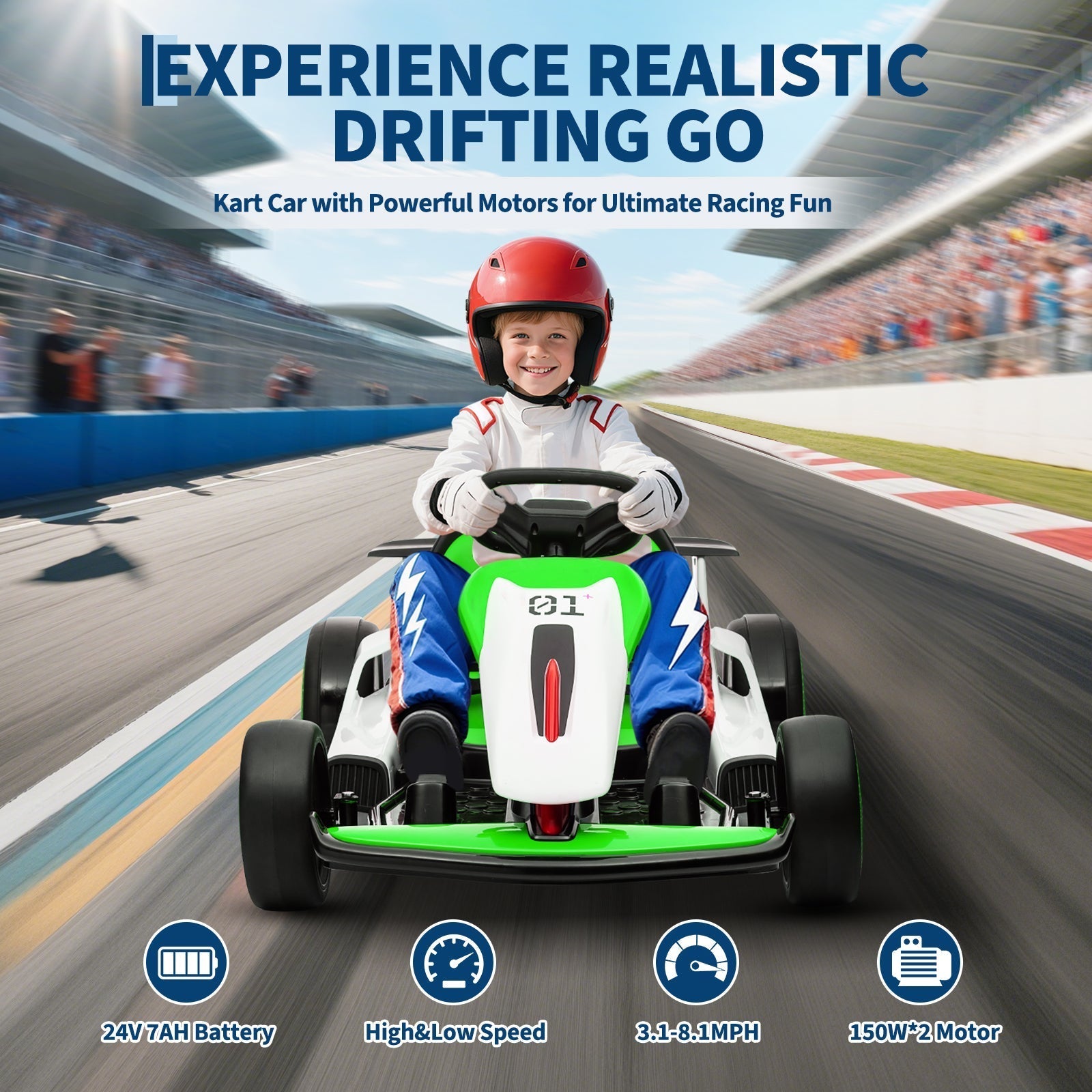 Garvee Ride - G Series: 6+,24V Drift Kart with 2X200W Strong Motor, 7AH Big Battery, Electric Pedals, Electric Go Kart Outdoor Race Toy - Green & White