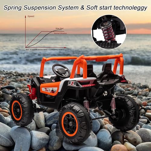 Garvee 2 Seater Ride on Car for Kids, 24V Powered Electric Off-Road UTV Ride Toy, 4WD Electric Vehicle with Remote Control, LED Lights, Bluetooth, 3 Speeds, Horn, 2 Spring Suspension