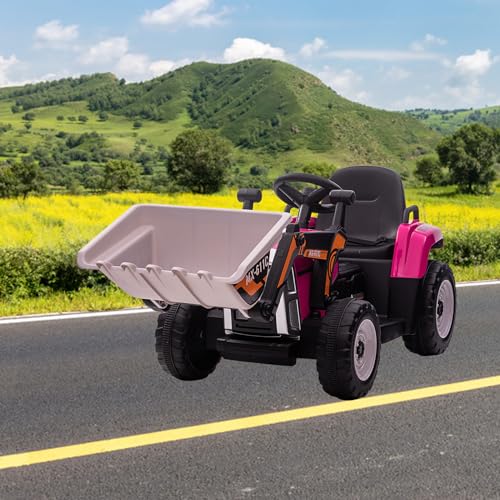 Garvee 12V Kids Ride on Car,Excavator with Bucket & Remote Control,Toddler Battery Powered Electric Vehicle,2+1 Gear Shift,3 Speeds,Music,Bluetooth,7-LED Headlights,Thread Tire,Rose