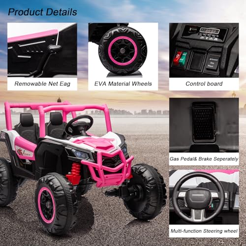 Garvee 2 Seater Ride on Car for Kids, 24V Powered Electric Off-Road UTV Ride Toy, 4WD Electric Vehicle with Remote Control, LED Lights, Bluetooth, 3 Speeds, Horn, 2 Spring Suspension