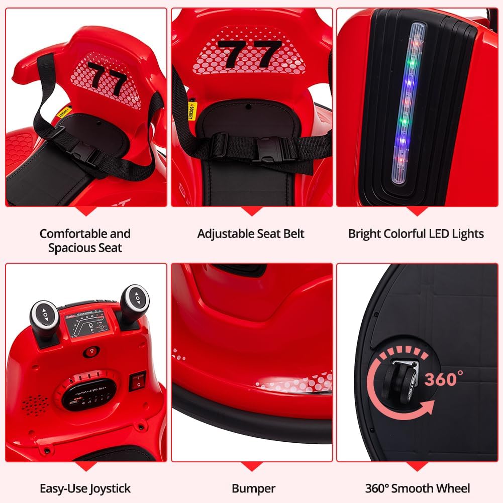 Garvee Kids Electric Bumper Car w/ Remote, Music, Lights, 360 Spin - Red