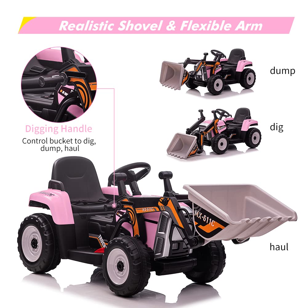 Garvee 12V Kids Ride on Car,Excavator with Bucket & Remote Control,Toddler Battery Powered Electric Vehicle,2+1 Gear Shift,3 Speeds,Bluetooth,7-LED Headlights,Music,Thread Tire,Pink