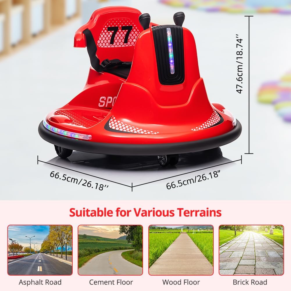 Garvee Kids Electric Bumper Car w/ Remote, Music, Lights, 360 Spin - Red