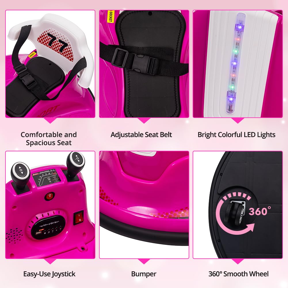 Garvee Kids Electric Bumper Car w/ Remote, Music, Lights, 360 Spin - Pink