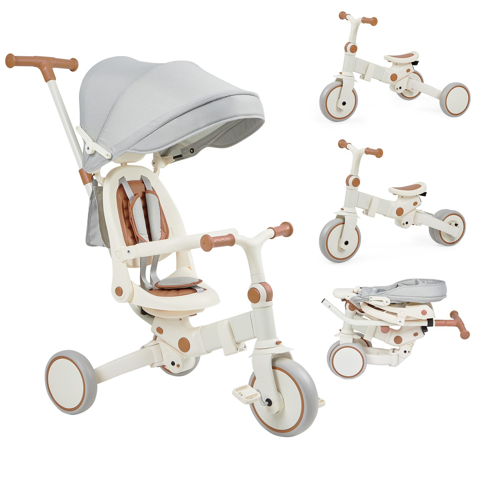Garvee 7 in 1 Baby Tricycle, Foldable Toddler Tricycle with Removable and Adjustable Parent Handle, Toddler Push Bike with Removable Pedal, Canopy, and Guardrail, Tricycle for 12-72 Months(Brown)
