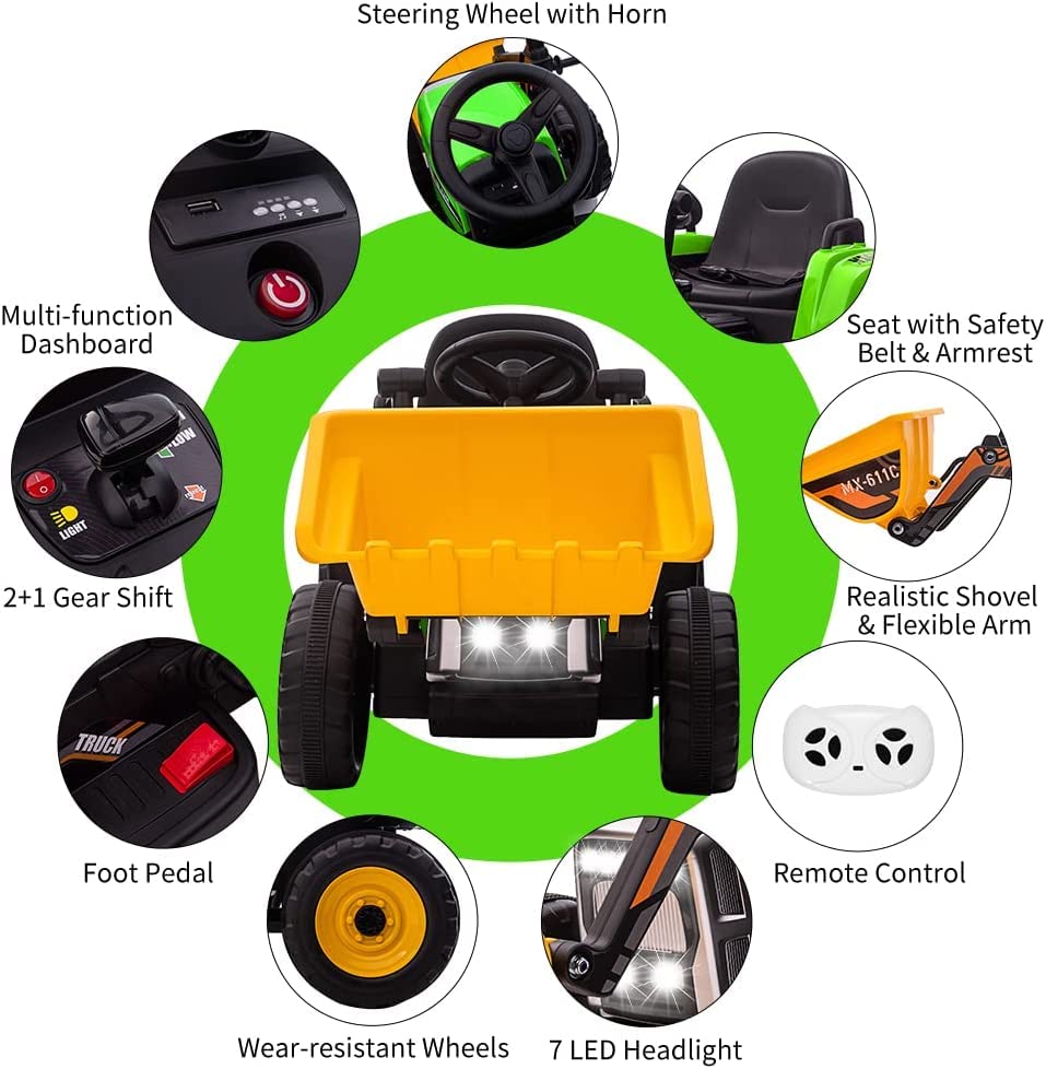 Garvee 12V Kids Ride on Car,Excavator with Bucket & Remote Control,Toddler Battery Powered Electric Vehicle,2+1 Gear Shift,3 Speeds,Bluetooth,7-LED Headlights,Music,Thread Tire,green