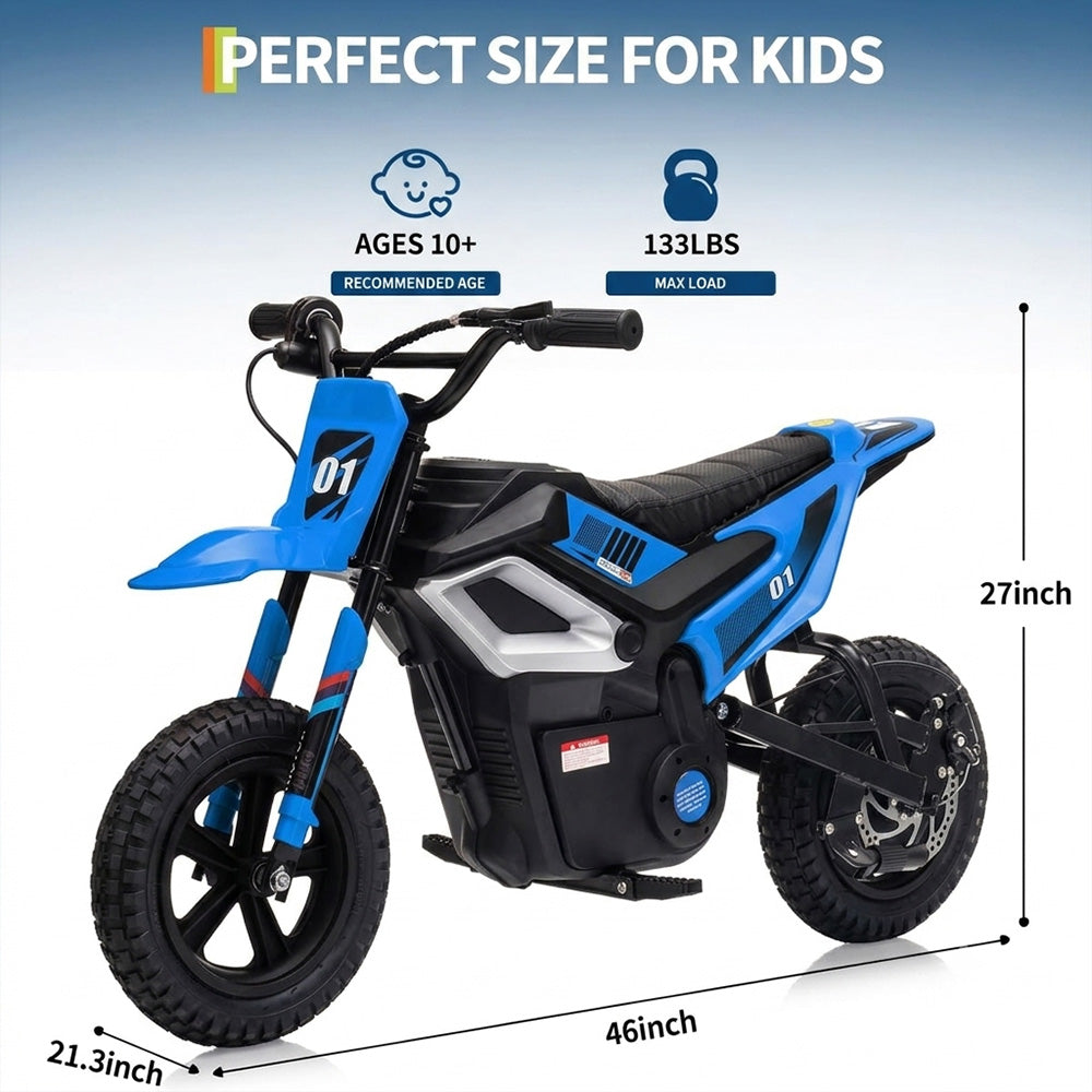 Garvee 24V Electric Dirt Bike for Kids 350W Motor, Rear Suspension, Leather Seat, Bluetooth Music, 12" Tires, Ages 10+, Outdoor Riding