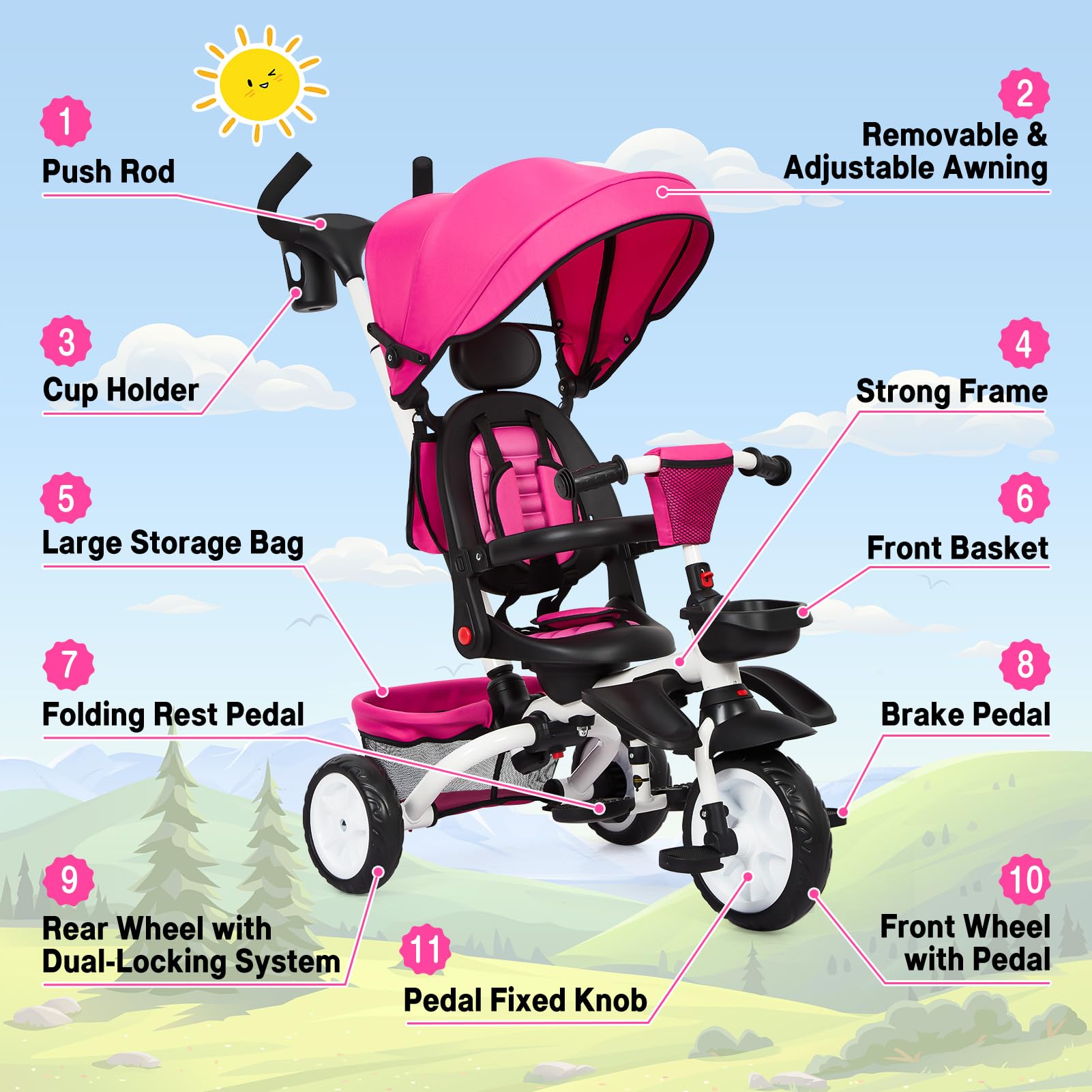 Garvee Baby Tricycle, 7 in 1 Folding Toddler Bike w/Removable Adjustable Push Handle, Canopy, Rotatable Seat, Safety Harness, Cup Holder & Storage, Trike for 1-5 Year Old, Tricycle for Toddlers - Rose Red