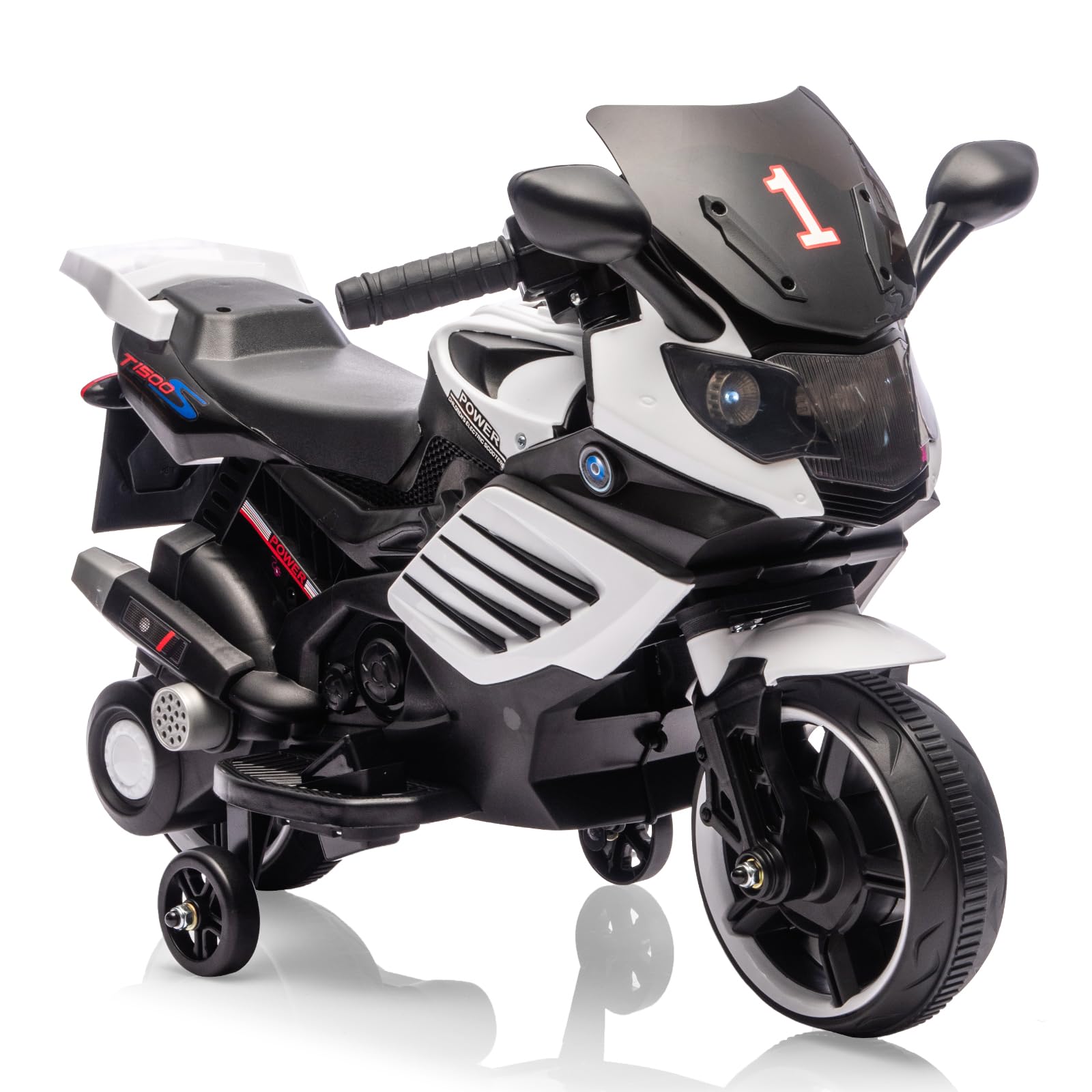 Garvee Kids 6V Ride On Motorcycle With Training Wheels For Toddlers, 30.31" L x 14.96" W x 19.69" H, White