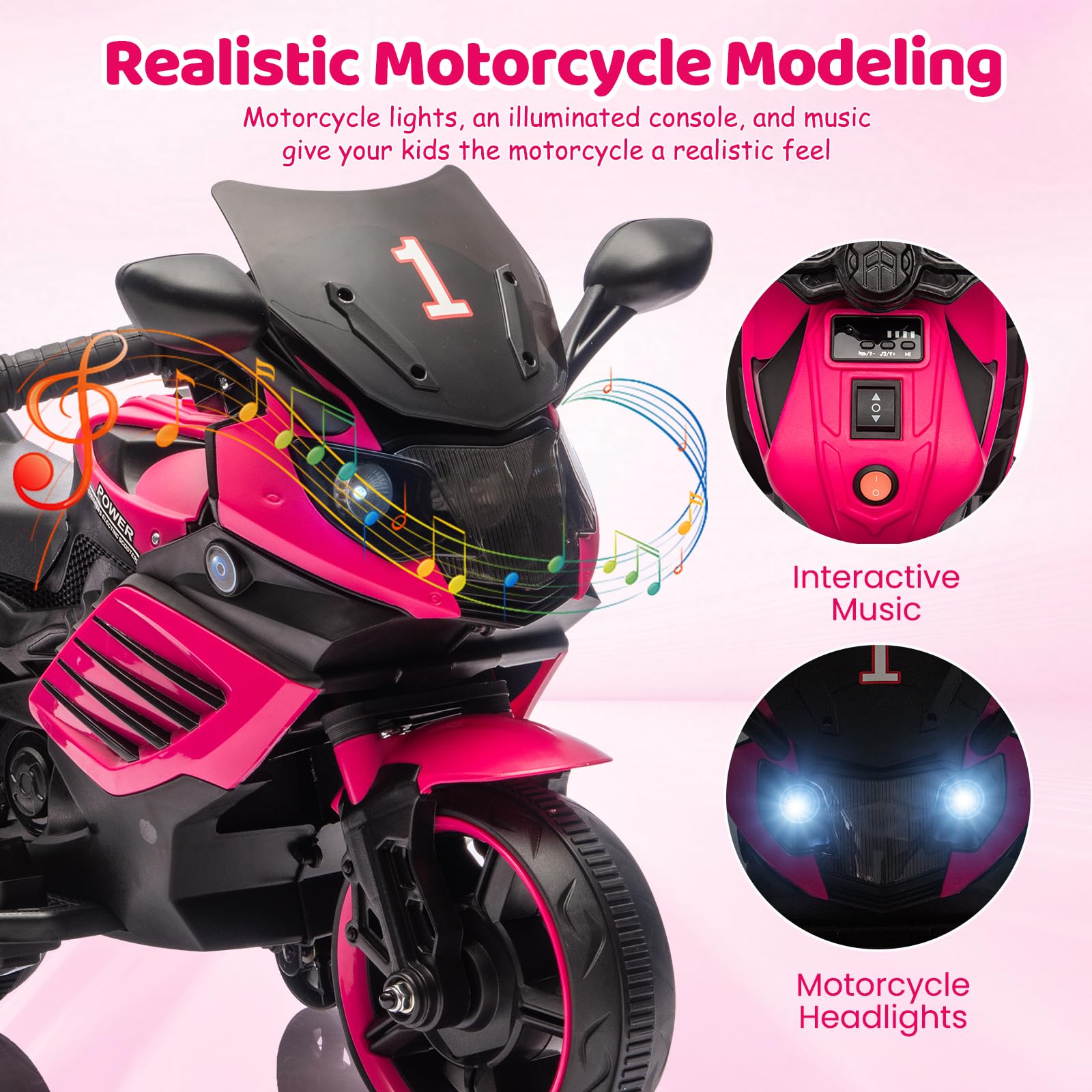 Garvee Kids 6V Ride On Motorcycle with Training Wheels for Toddlers, Rose Red, 30.31" L x 14.96" W x 19.69" H