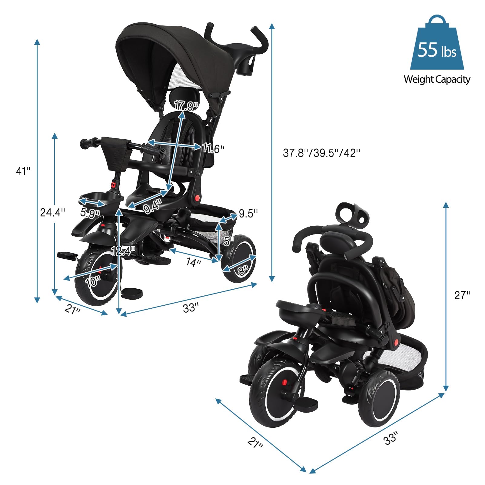 Garvee Baby Tricycle, 7 in 1 Folding Toddler Bike w/Removable Adjustable Push Handle, Canopy, Rotatable Seat, Safety Harness, Cup Holder & Storage, Trike for 1-5 Year Old, Tricycle for Toddlers
