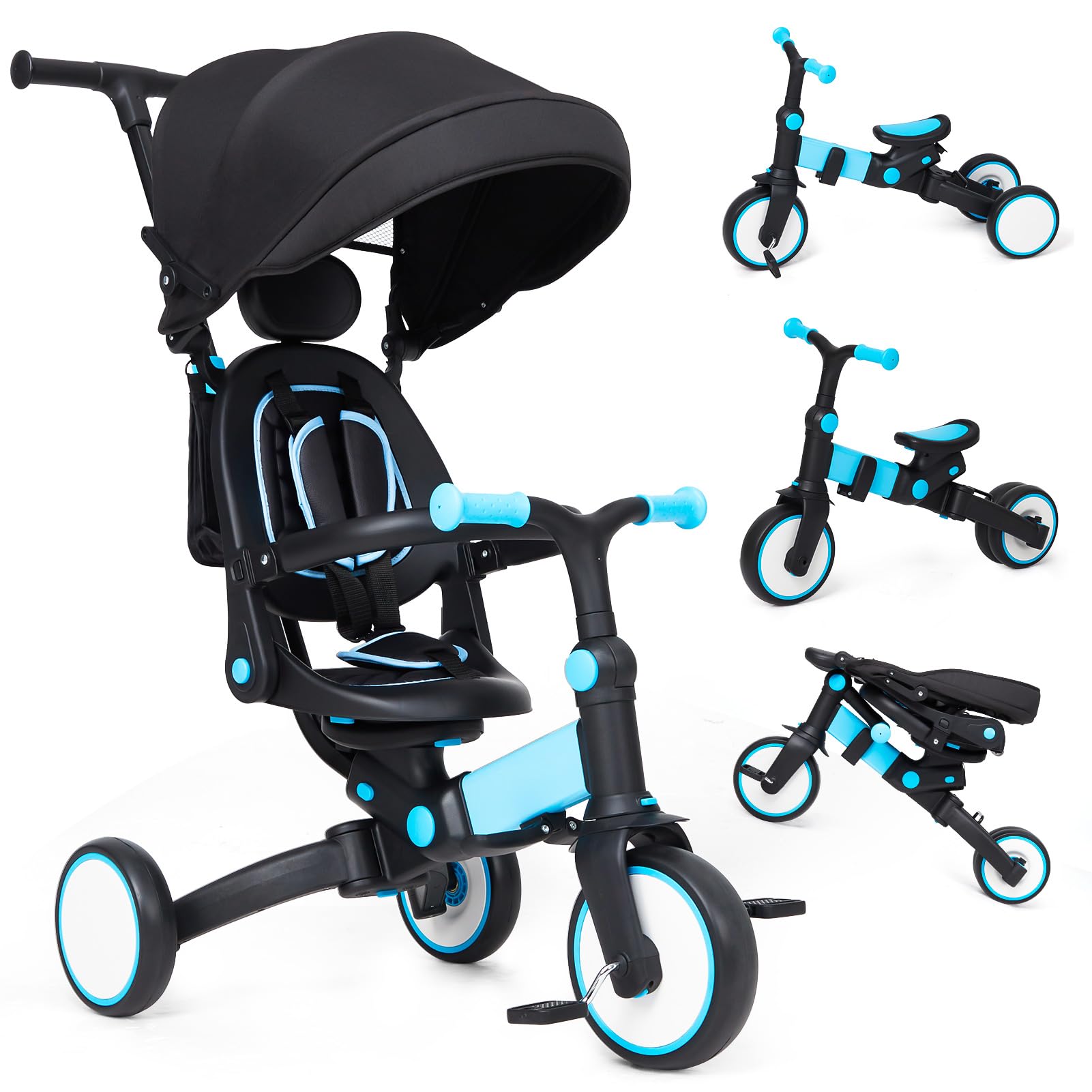 Garvee 7-in-1 Foldable Baby Tricycle with Adjustable Handle, Removable Pedal, Canopy & Guardrail, Aluminum Frame, for 12-72 Months (Blue)