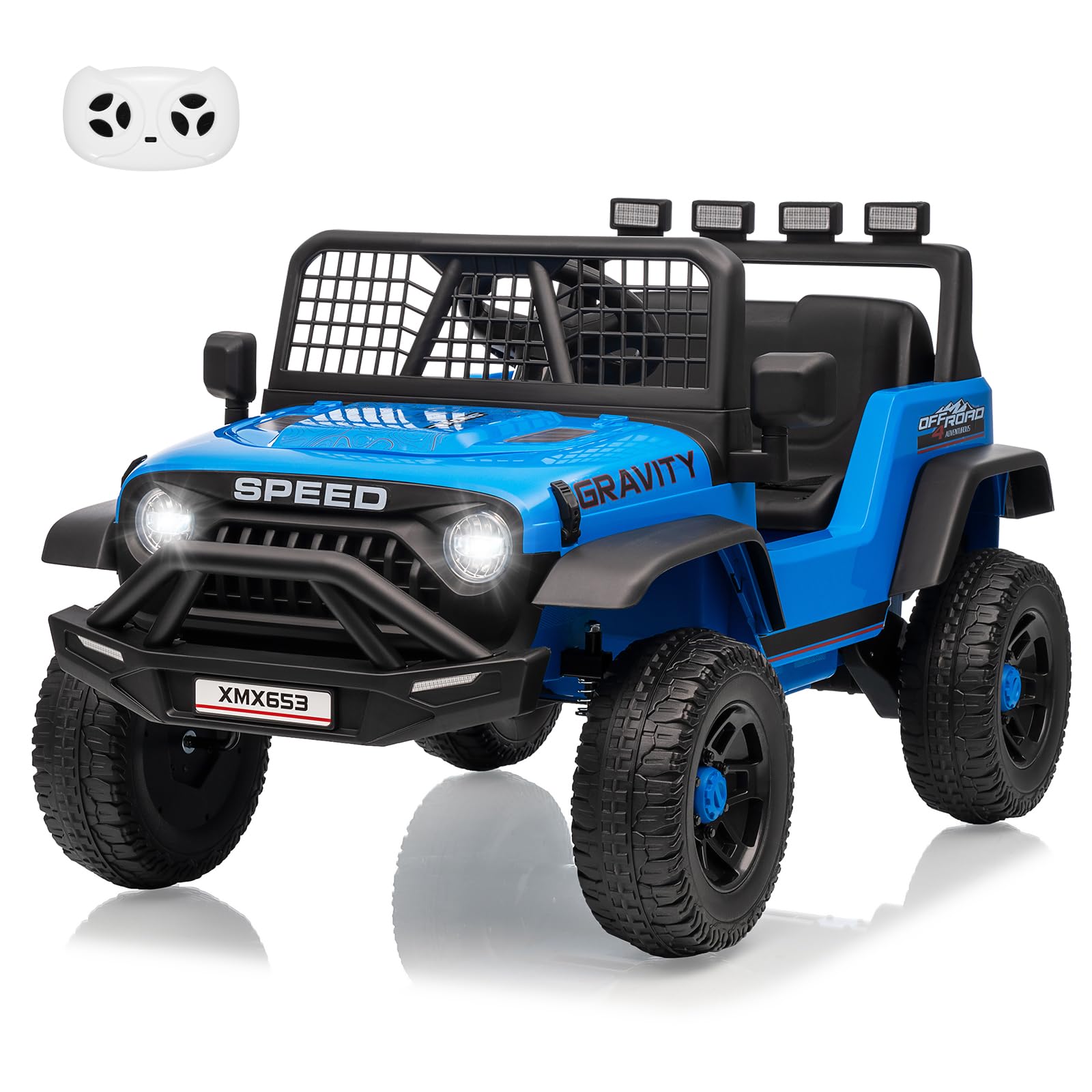 Garvee 12V Kids Ride On Truck Car with Parent Remote Control, 3 Speeds, Emergency Braking, LED Lights, Music & Horn, Blue, Outdoor Adventure Toy