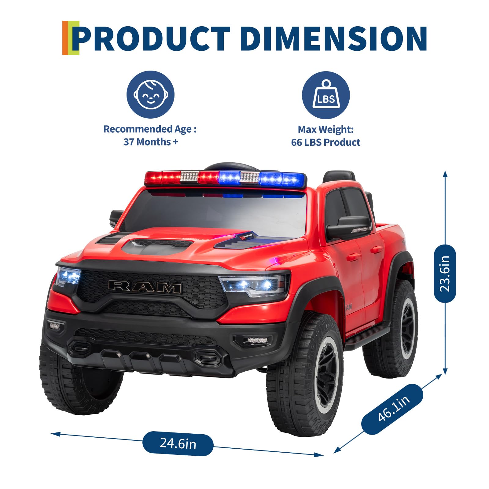 Garvee 12V Electric Ride On Truck for Kids Licensed RAM Pickup Truck Dual Motor Remote Control LED Lights Music Storage