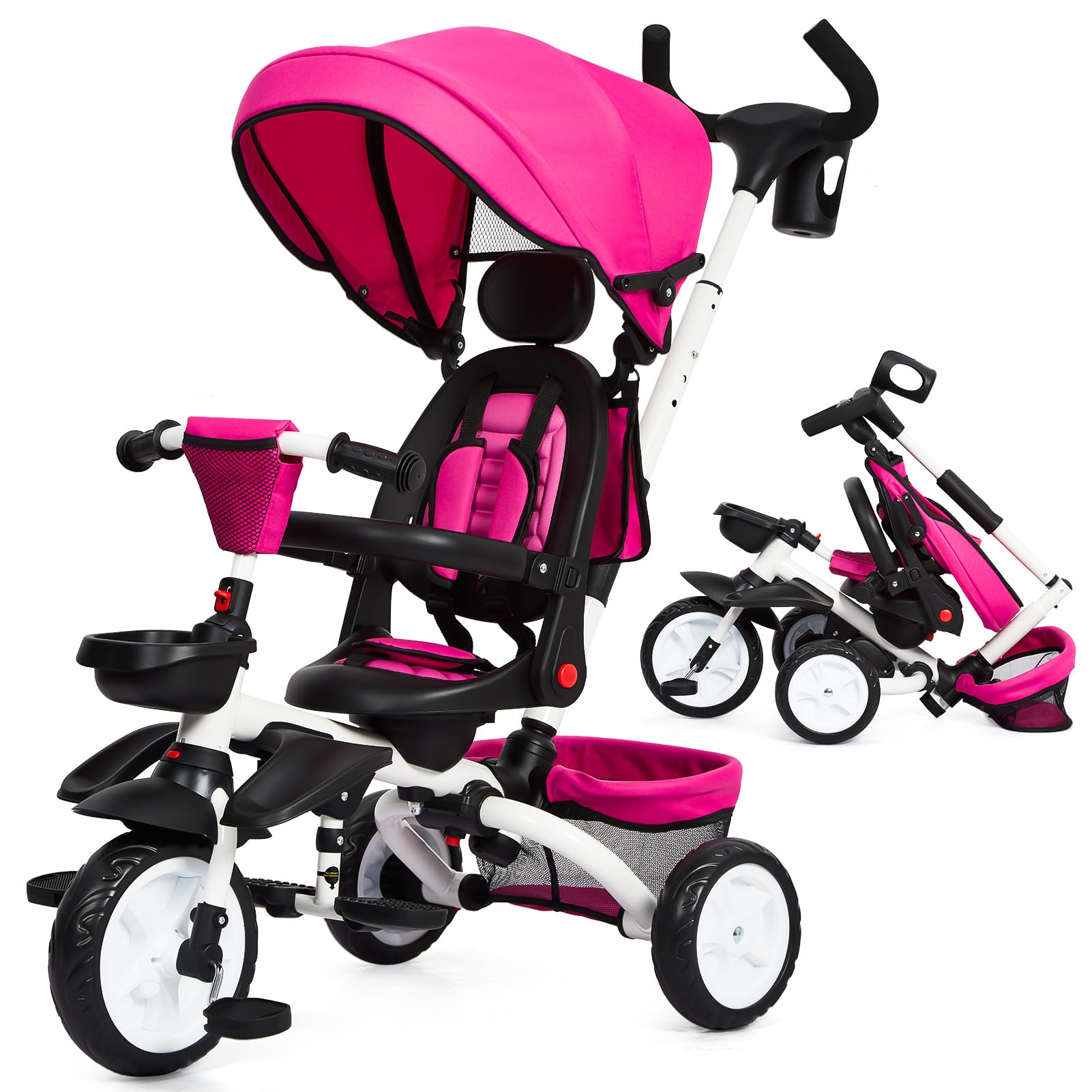 Garvee Baby Tricycle, 7 in 1 Folding Toddler Bike w/Removable Adjustable Push Handle, Canopy, Rotatable Seat, Safety Harness, Cup Holder & Storage, Trike for 1-5 Year Old, Tricycle for Toddlers - Rose Red