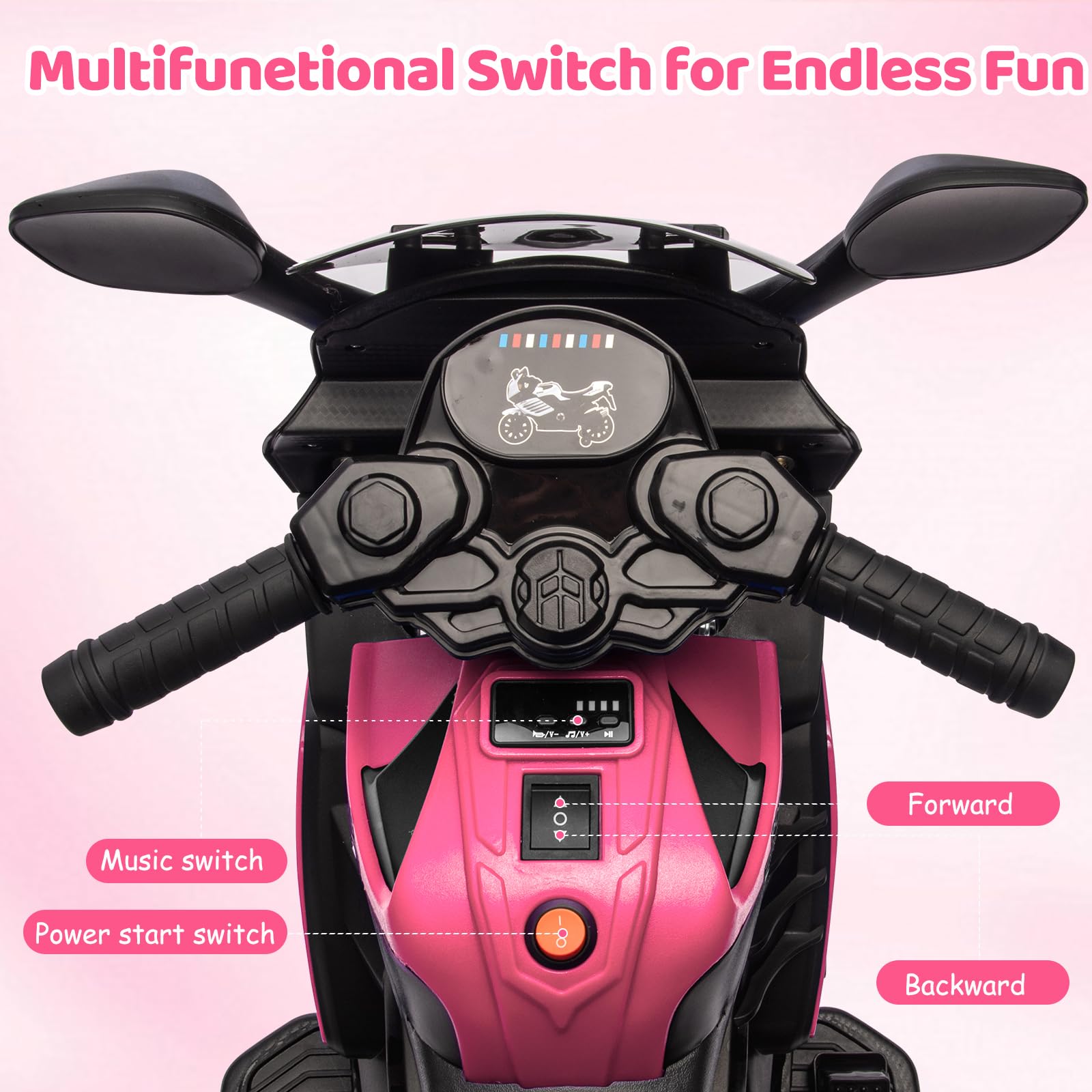 Garvee Kids 6V Ride On Motorcycle Pink With Training Wheels For Toddlers 3-6 Years, Stable Electric Toy Bike
