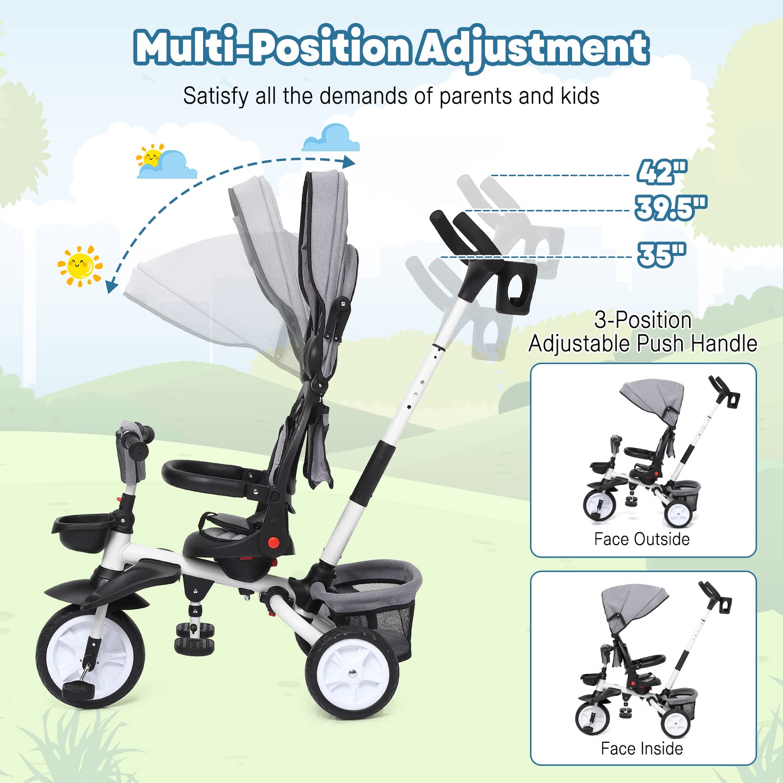 Garvee 7-in-1 Baby Tricycle, Folding Toddler Trike, Adjustable Push Handle, Rotatable Seat, Safety Harness, All-Terrain Wheels, For 1-5 Year Olds (Gray)