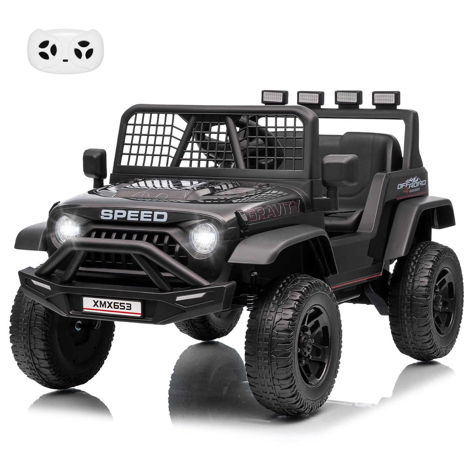 Garvee 12V Kids Ride On Truck Car with Parent Remote Control, 3 Speeds, Emergency Braking, LED Lights, Music & Horn, Black