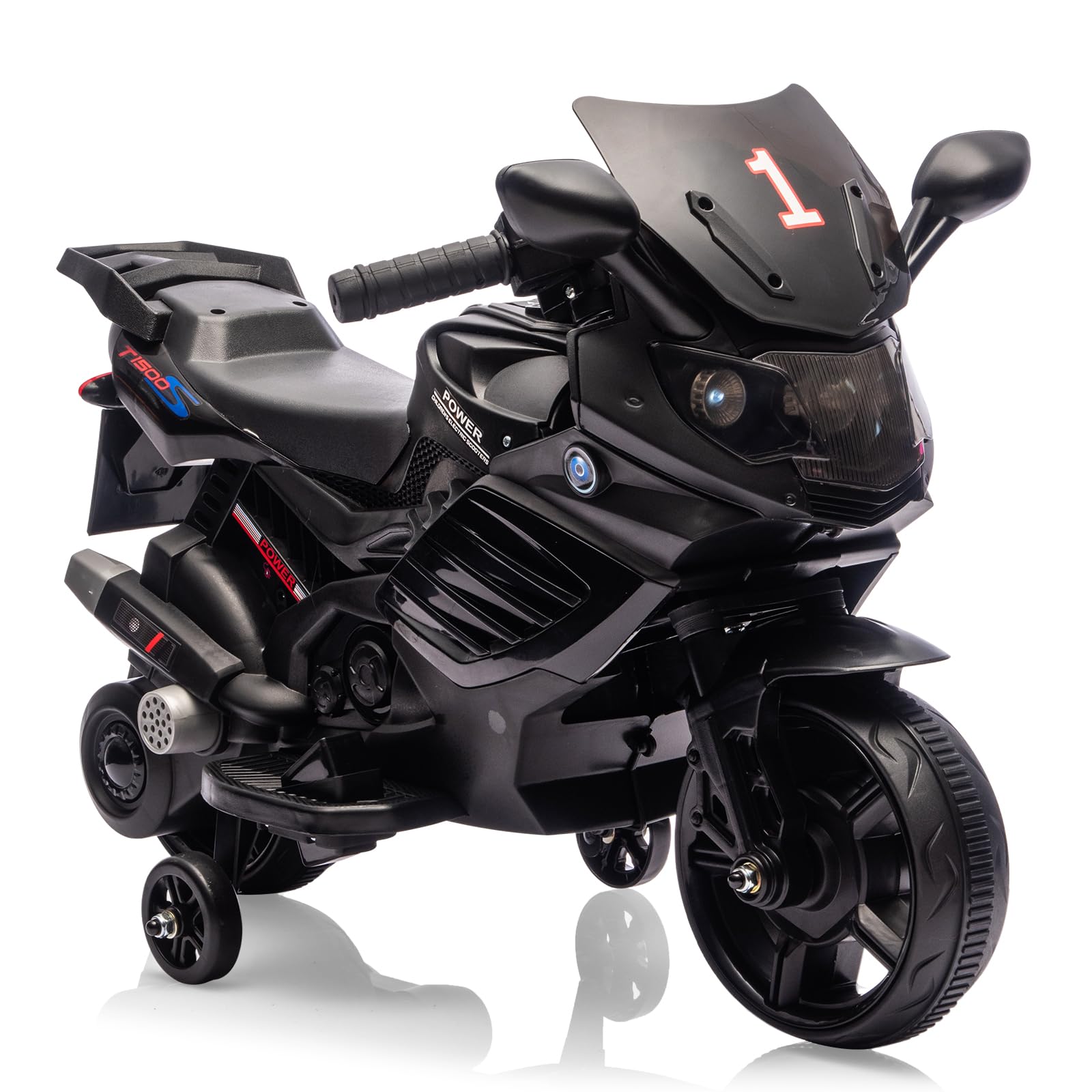 Garvee Kids 6V Ride On Motorcycle With Training Wheels For Toddlers, Black, 30.31" L x 14.96" W x 19.69" H