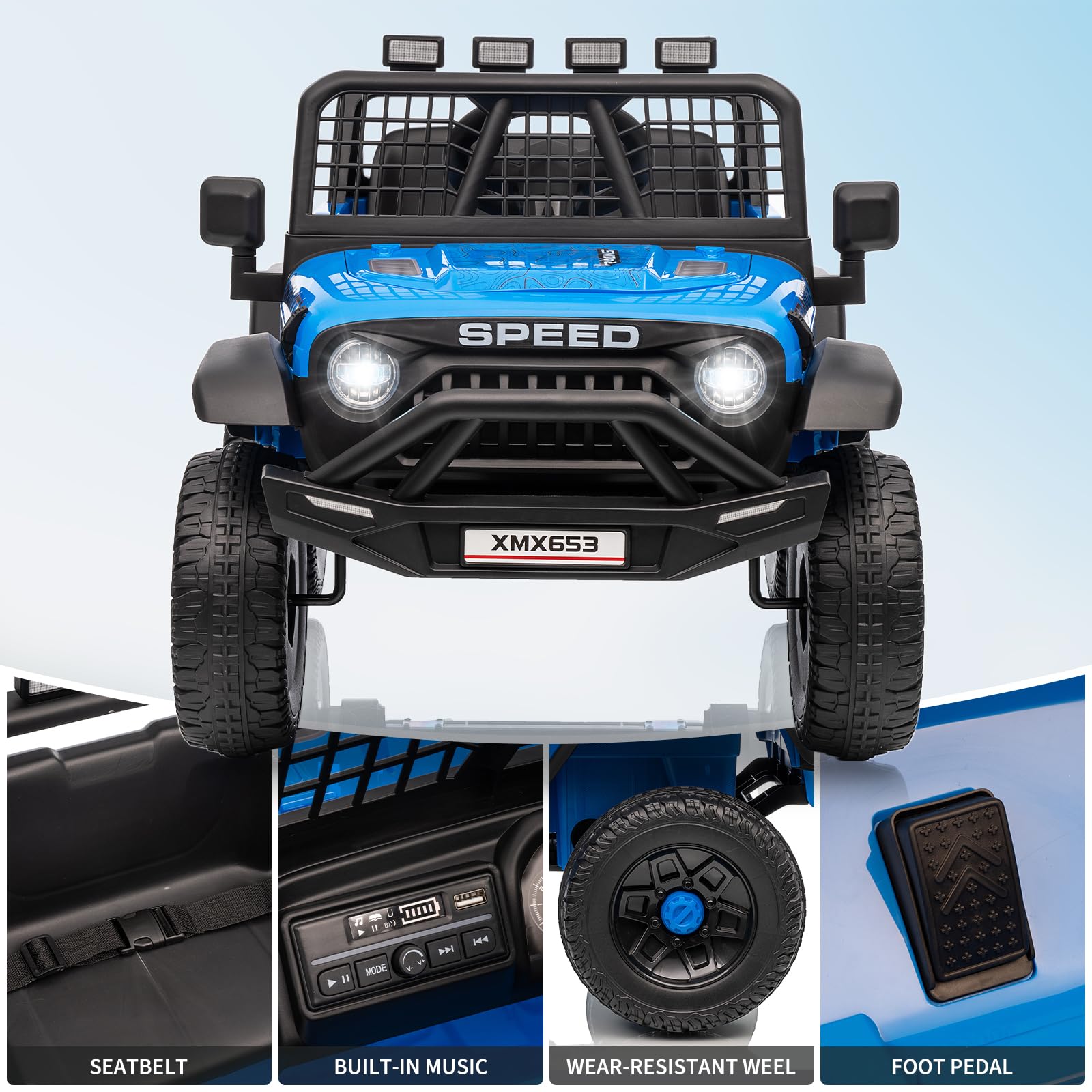 Garvee 12V Kids Ride On Truck Car with Parent Remote Control, 3 Speeds, Emergency Braking, LED Lights, Music & Horn, Blue, Outdoor Adventure Toy