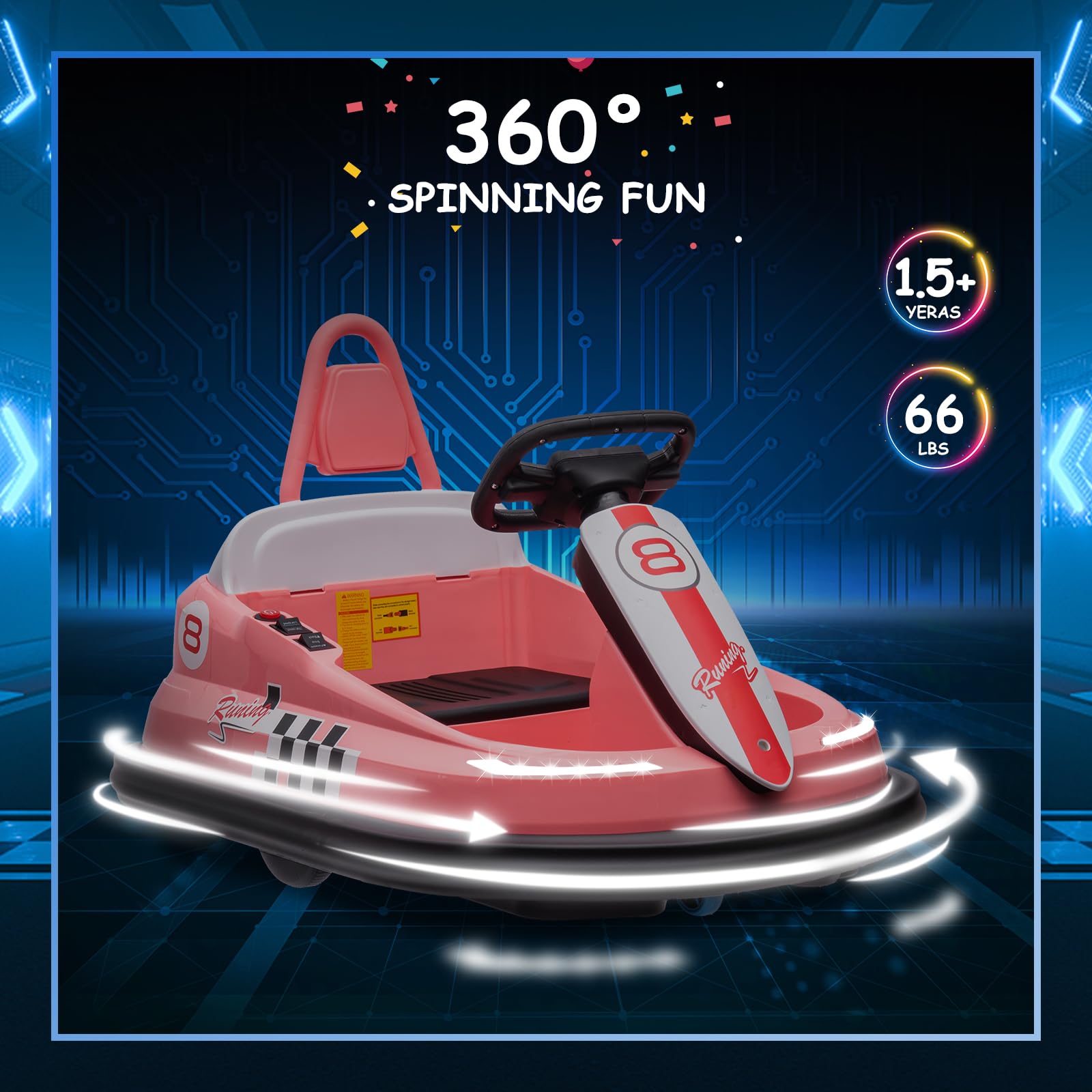 Garvee Ride - B Series: 6V Electric Ride On Toys for Kids 1.5-6 Years Old, Steering Wheel, 360 Degree Spin, 2-Speeds, Lights, Music & Horn, Safety Belts, Best for Birthday - Pink