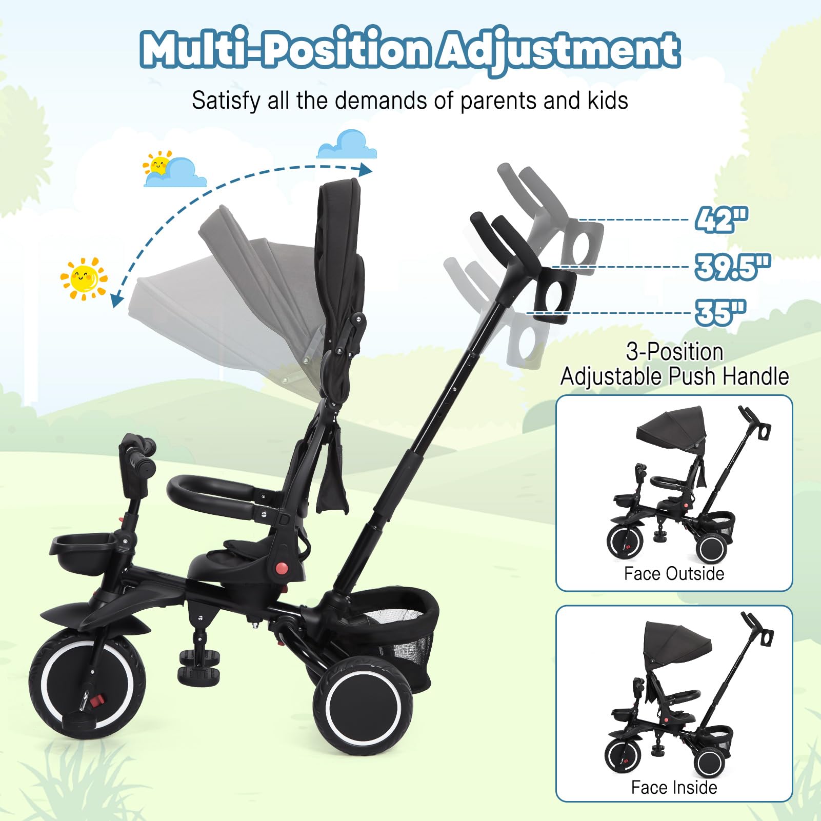 Garvee Baby Tricycle, 7 in 1 Folding Toddler Bike w/Removable Adjustable Push Handle, Canopy, Rotatable Seat, Safety Harness, Cup Holder & Storage, Trike for 1-5 Year Old, Tricycle for Toddlers