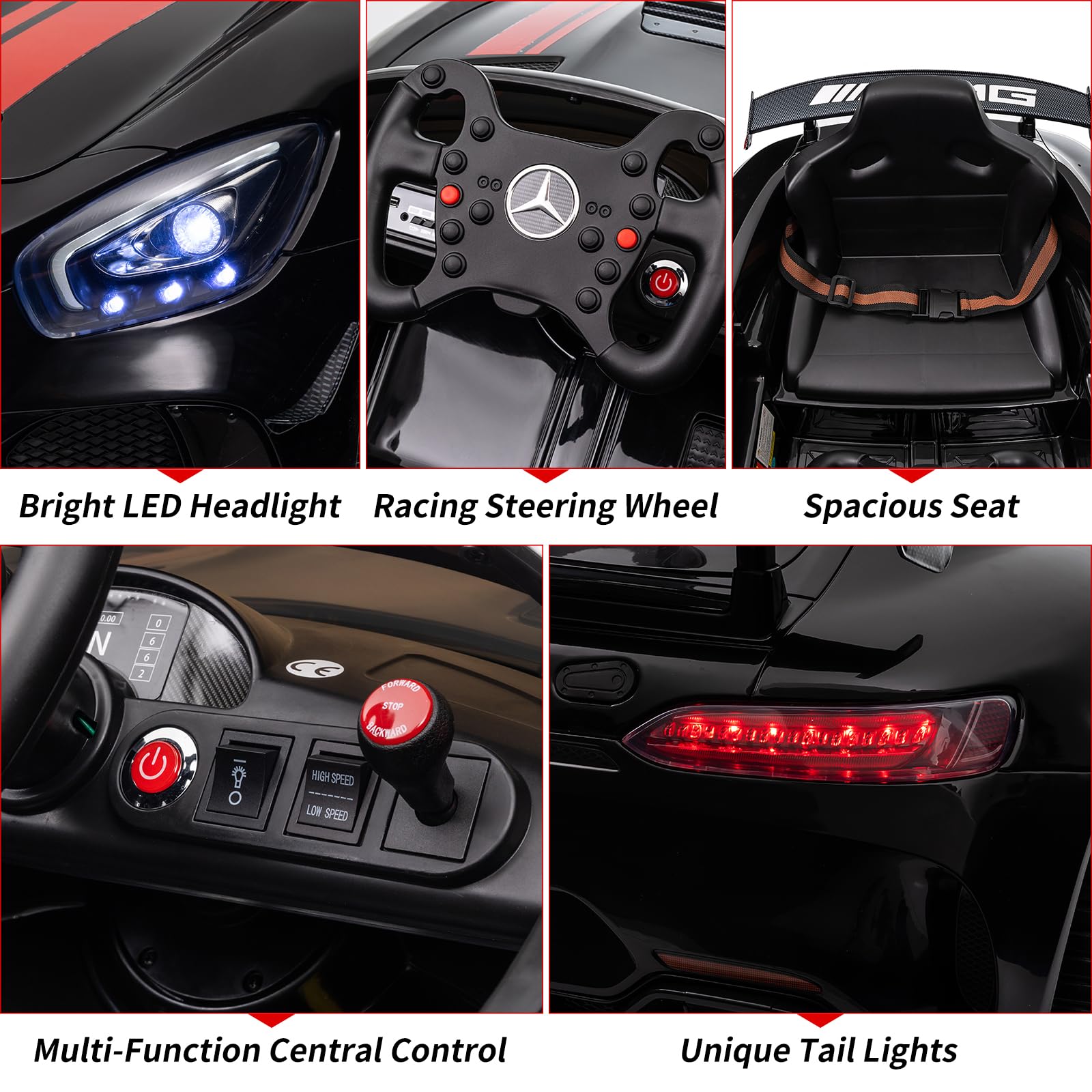 Garvee 12V Licensed Benz AMG Ride-On Car: Remote Control, Sound System, LED Headlights, One-Button Assemble Wheels, for Ages 3-8 - Black