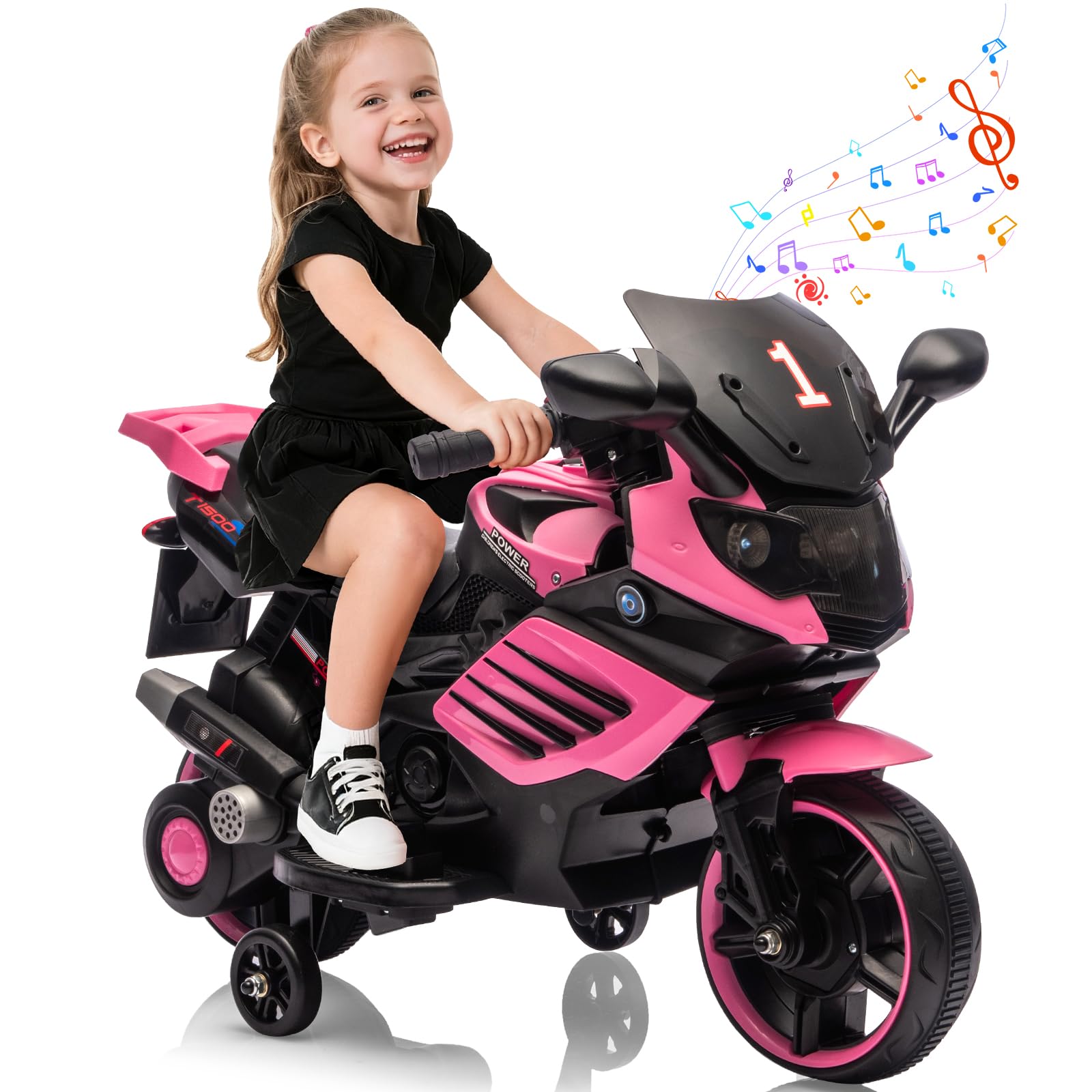 Garvee Kids 6V Ride On Motorcycle Pink With Training Wheels For Toddlers 3-6 Years, Stable Electric Toy Bike
