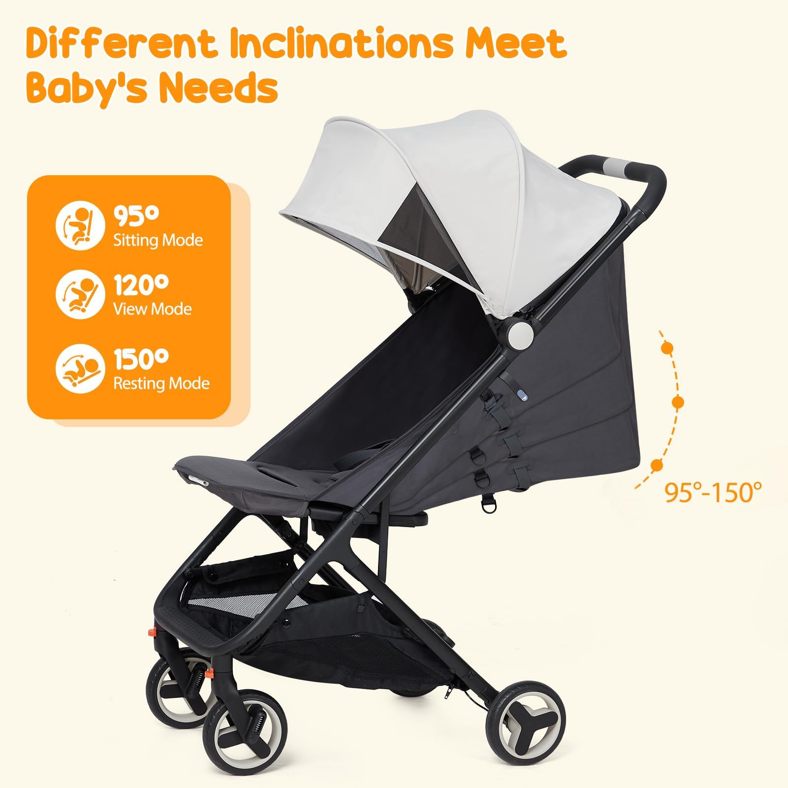 Garvee Lightweight Compact Stroller, One Hand Fold, Airplane Friendly, Reclining Seat, Canopy, Smooth Suspension, Travel Ready, Pink, Ideal for Travel - Beige