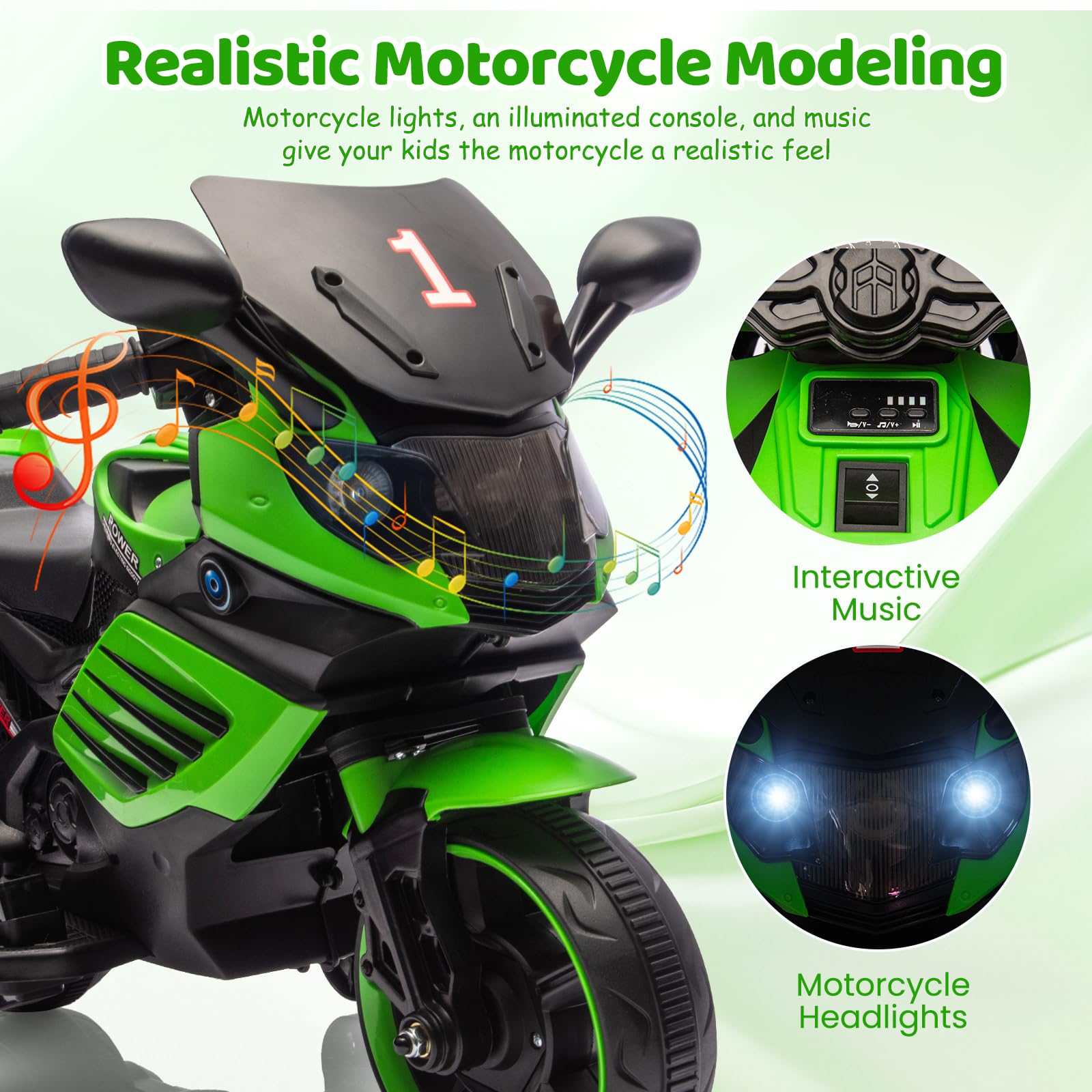 Garvee Kids 6V Ride On Motorcycle With Training Wheels, Battery Powered Toddler Motorcycle For Boys And Girls, Green, 30.31" L x 14.96" W x 19.69" H