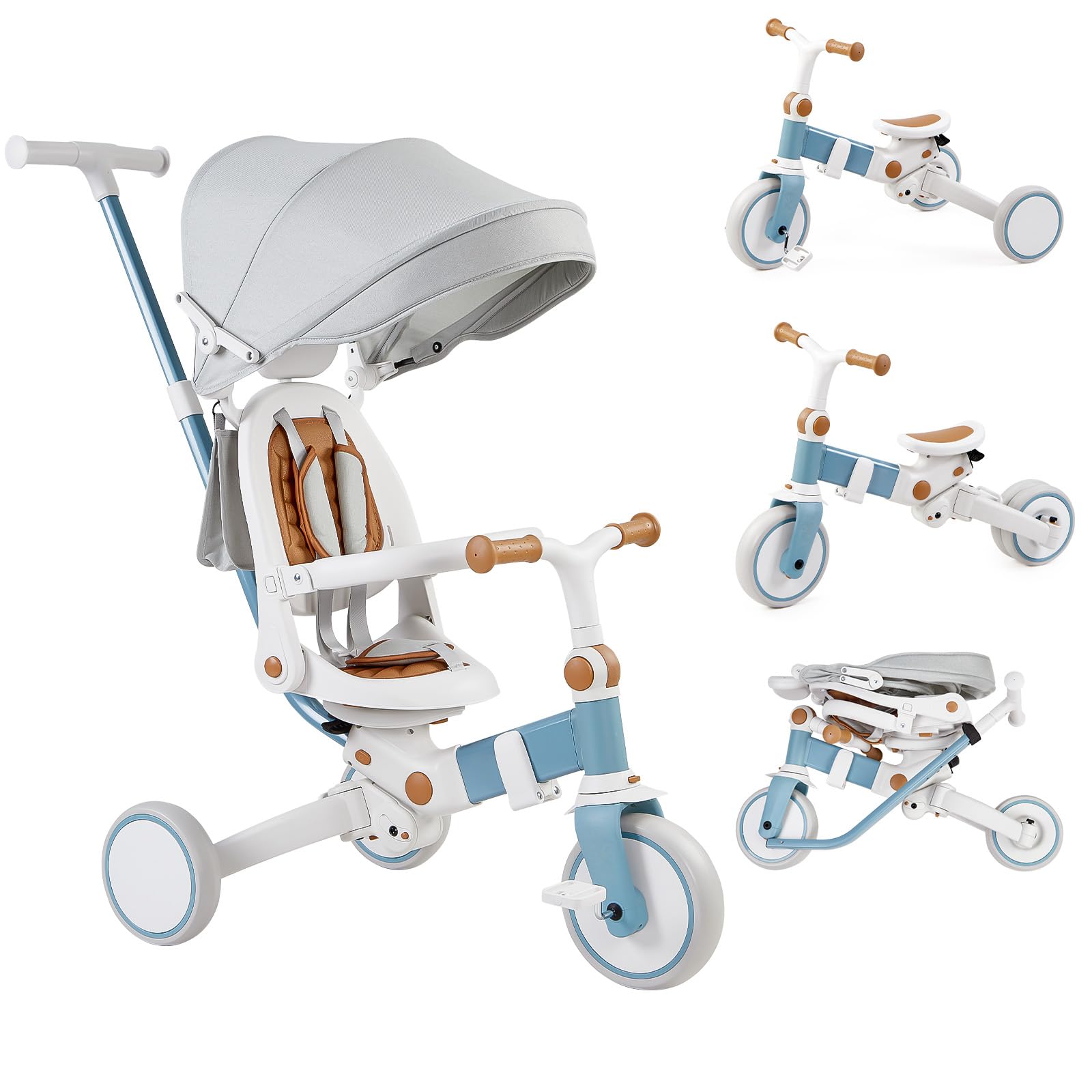 Garvee 7 in 1 Baby Tricycle, Foldable Toddler Tricycle with Removable and Adjustable Parent Handle, Toddler Push Bike with Removable Pedal, Canopy, and Guardrail, Tricycle for 12-72 Months(White)