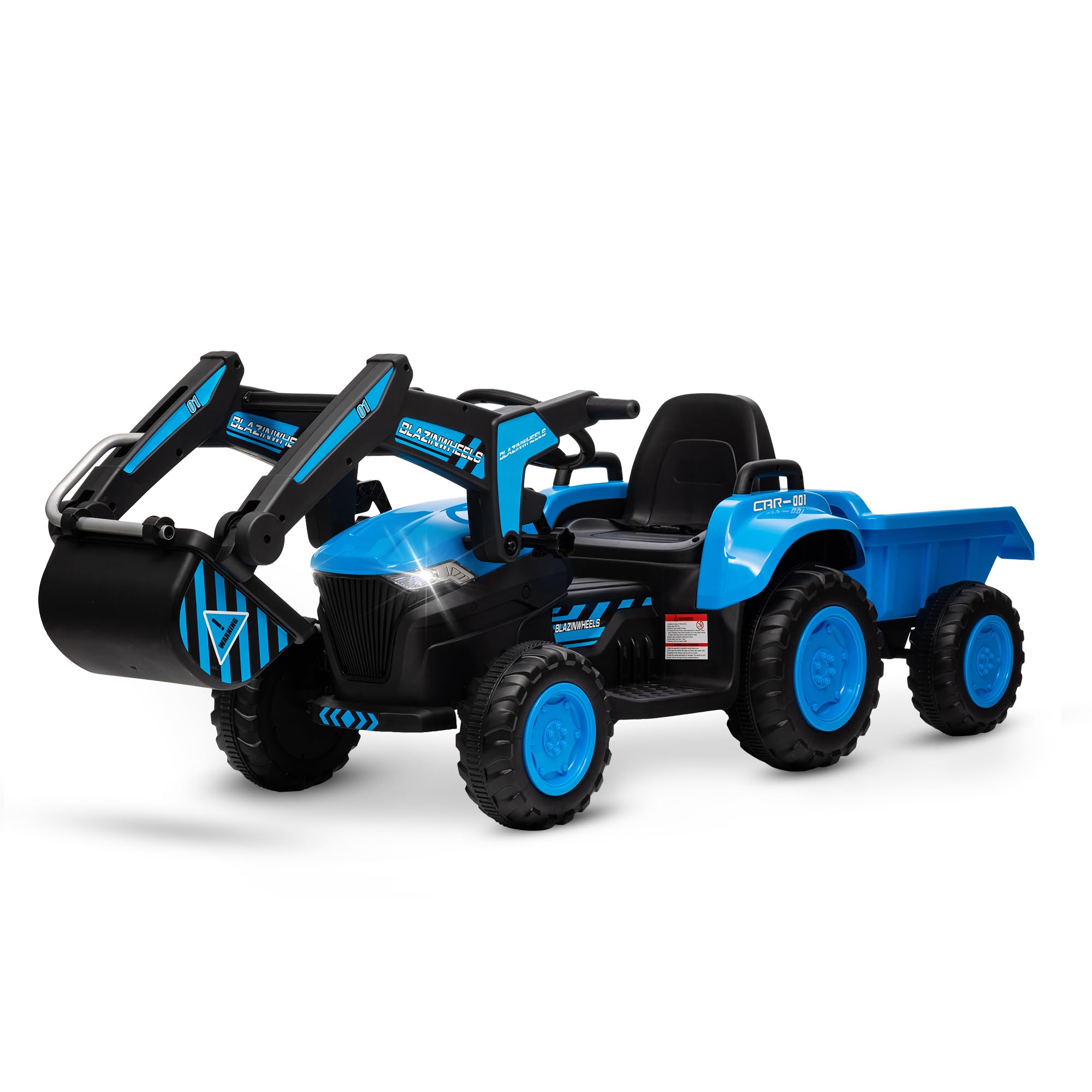 Garvee Ride - P Series: 12V 3 in 1 Ride on Excavator & Tractor with Detachable Trailer, Ride on Car Toy with Remote Control, Digger, LED Lights, Music, Kids Electric Vehicles for Boys Girls, Blue