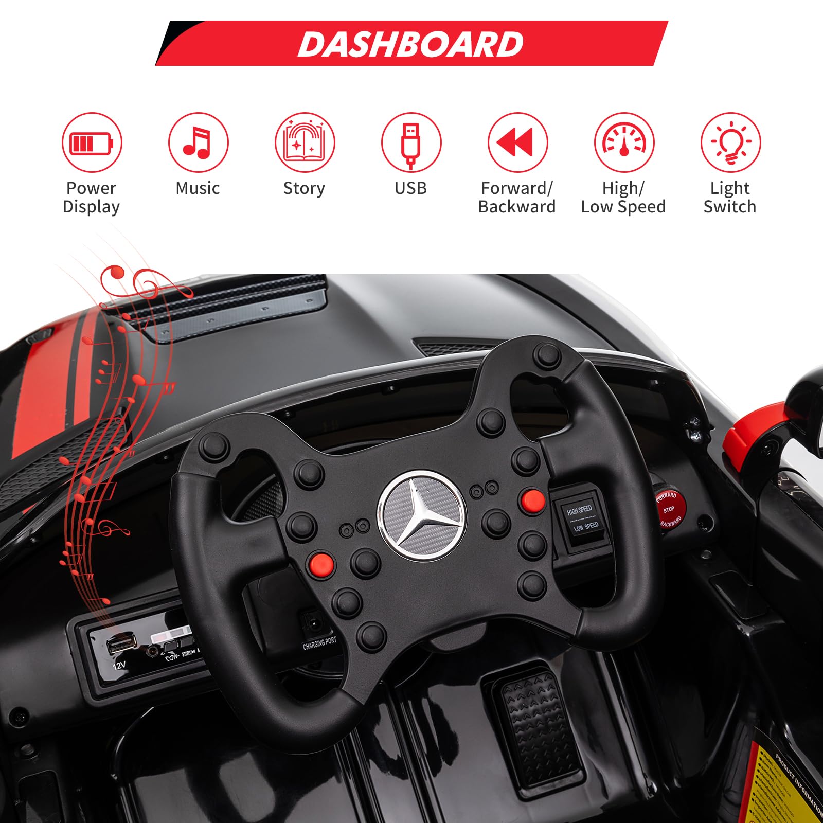 Garvee 12V Licensed Benz AMG Ride-On Car: Remote Control, Sound System, LED Headlights, One-Button Assemble Wheels, for Ages 3-8 - Black
