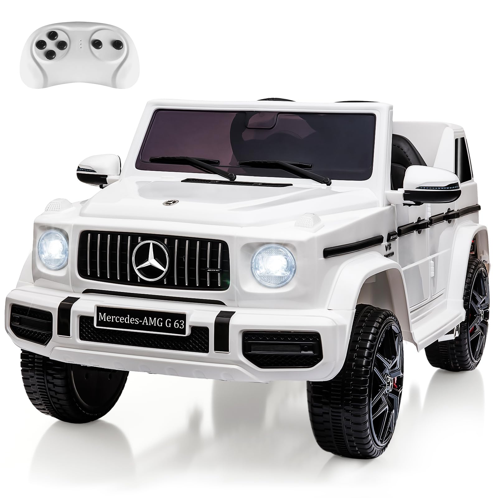 Garvee 12V Kids Ride on Car, Licensed Mercedes Benz G63 Electric Car w/Remote Control, Music, Spring Suspension, LED Light, Bluetooth, Horn, AUX, Safety Lock Battery Powered Electric Vehicle - White