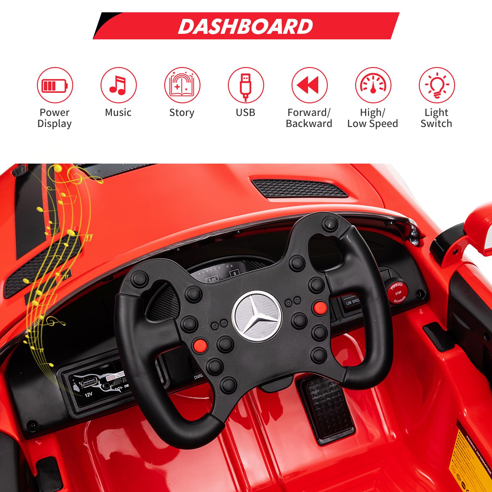 Garvee 12V Licensed Benz AMG Ride-On Car: Remote Control, Sound System, LED Headlights, One-Button Assemble Wheels, for Ages 3-8 - Red