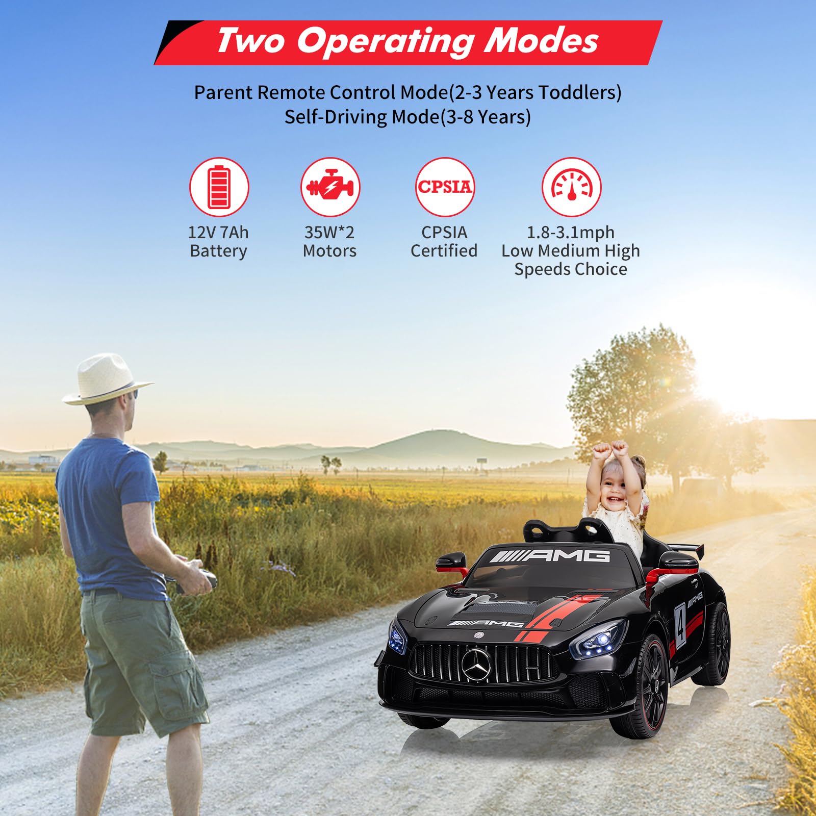 Garvee 12V Licensed Benz AMG Ride-On Car: Remote Control, Sound System, LED Headlights, One-Button Assemble Wheels, for Ages 3-8 - Black