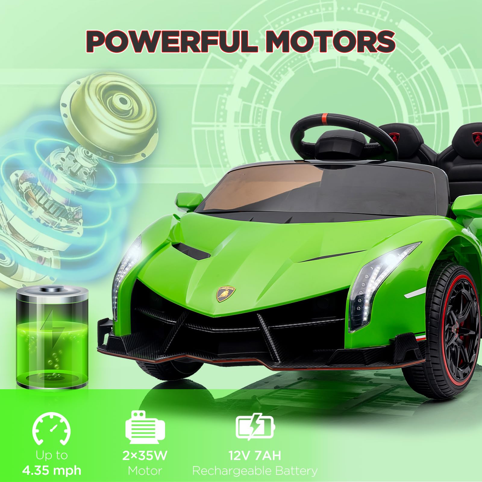 Garvee 12V Kids Ride On Car, Licensed Lamborghini Venono Electric Car w/Parent Remote Control, Scissor Door, 3 Speeds, LED Headlights, Rocking & Music, Battery Powered Ride on Toy for Boys Girls- Green