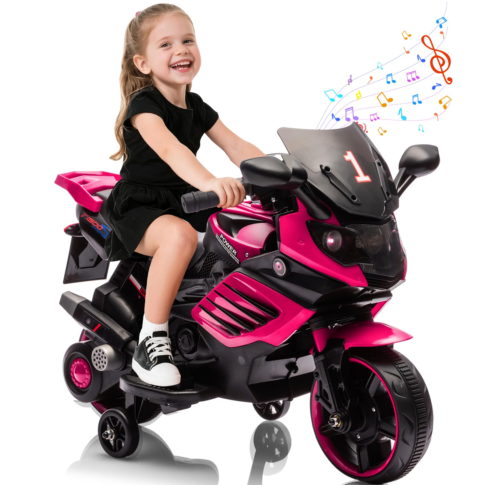 Garvee Kids 6V Ride On Motorcycle with Training Wheels for Toddlers, Rose Red, 30.31" L x 14.96" W x 19.69" H