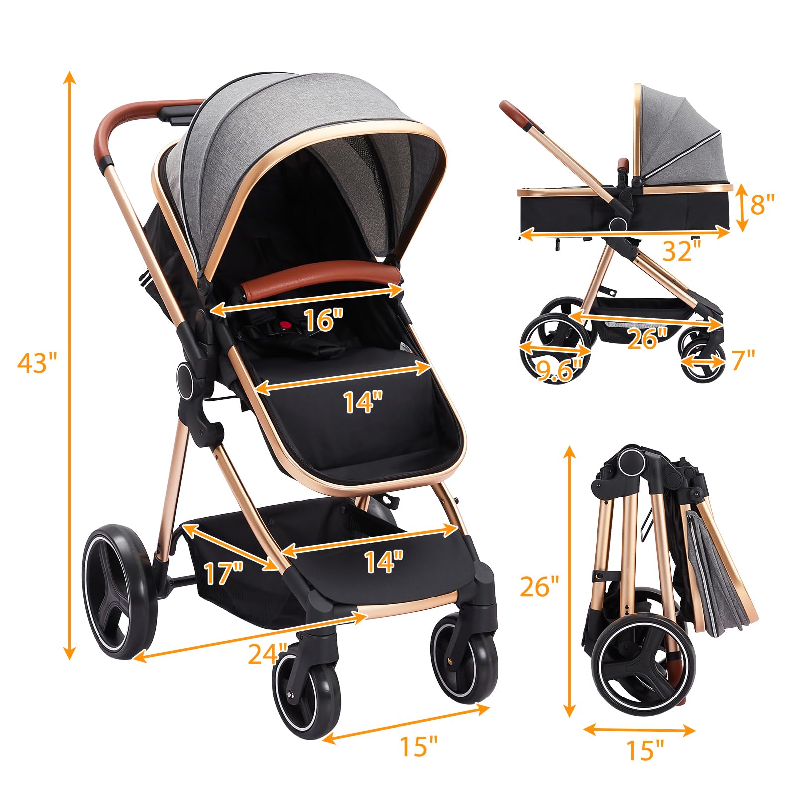 Garvee Baby Stroller for Toddler.Foldable Aluminum Alloy Pushchair with Adjustable Backrest.Bassinet Stroller Adjustable Direction & High Landscape Infant Stroller Gray