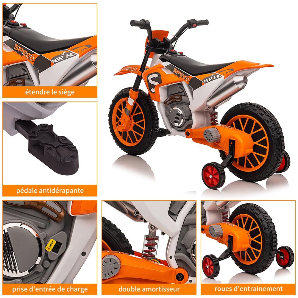 Garvee 12V Kids Ride On Motorcycle, 7AH Battery Powered Electric Motorcycle 2 Speed Off Road Motocross with 35W Strong Motor, Training Wheels, Spring Suspension - Orange