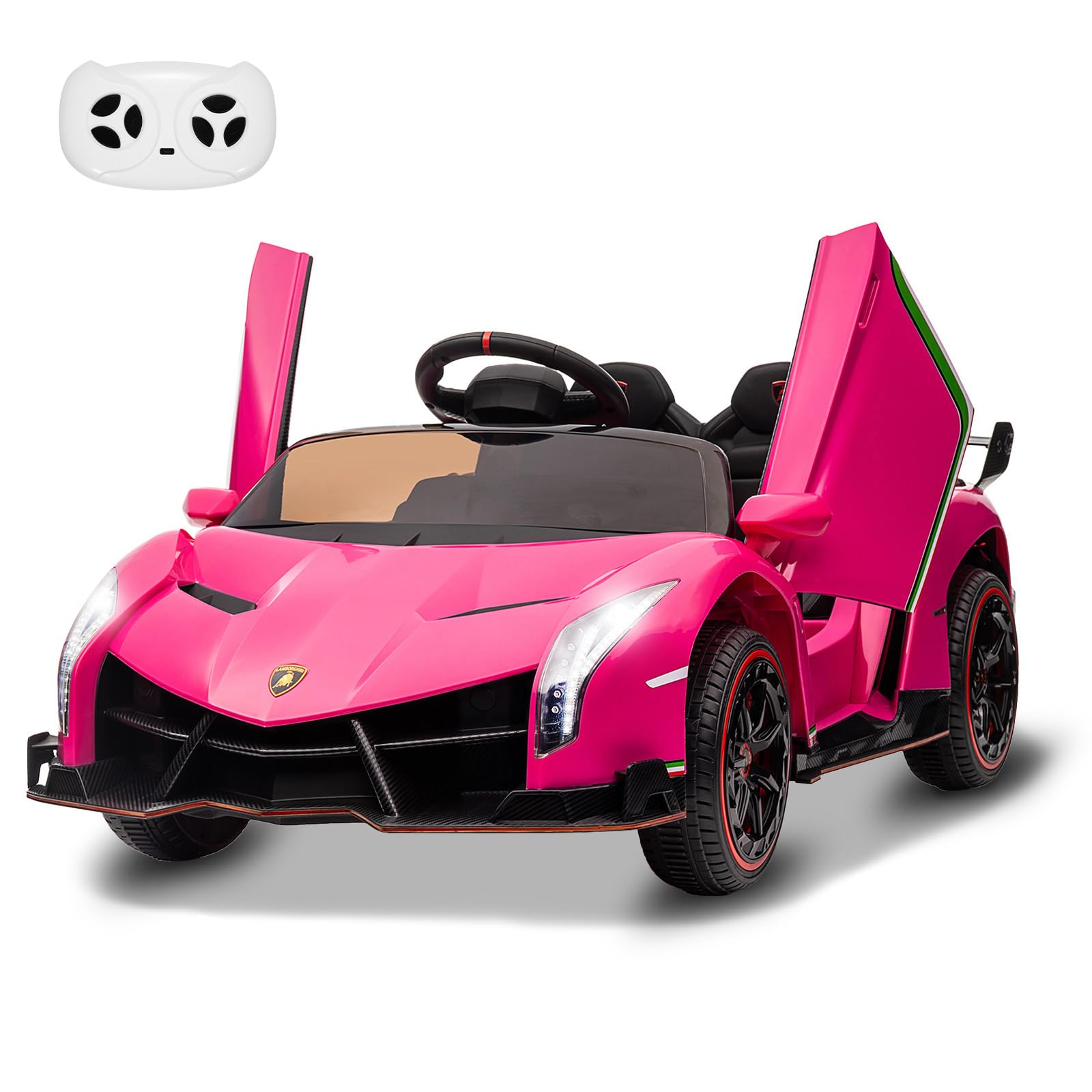 Garvee 12V Kids Ride On Car, Licensed Lamborghini Venono Electric Car w/Parent Remote Control, Scissor Door, 3 Speeds, LED Headlights, Rocking & Music, Battery Powered Ride on Toy for Boys Girls- Pink