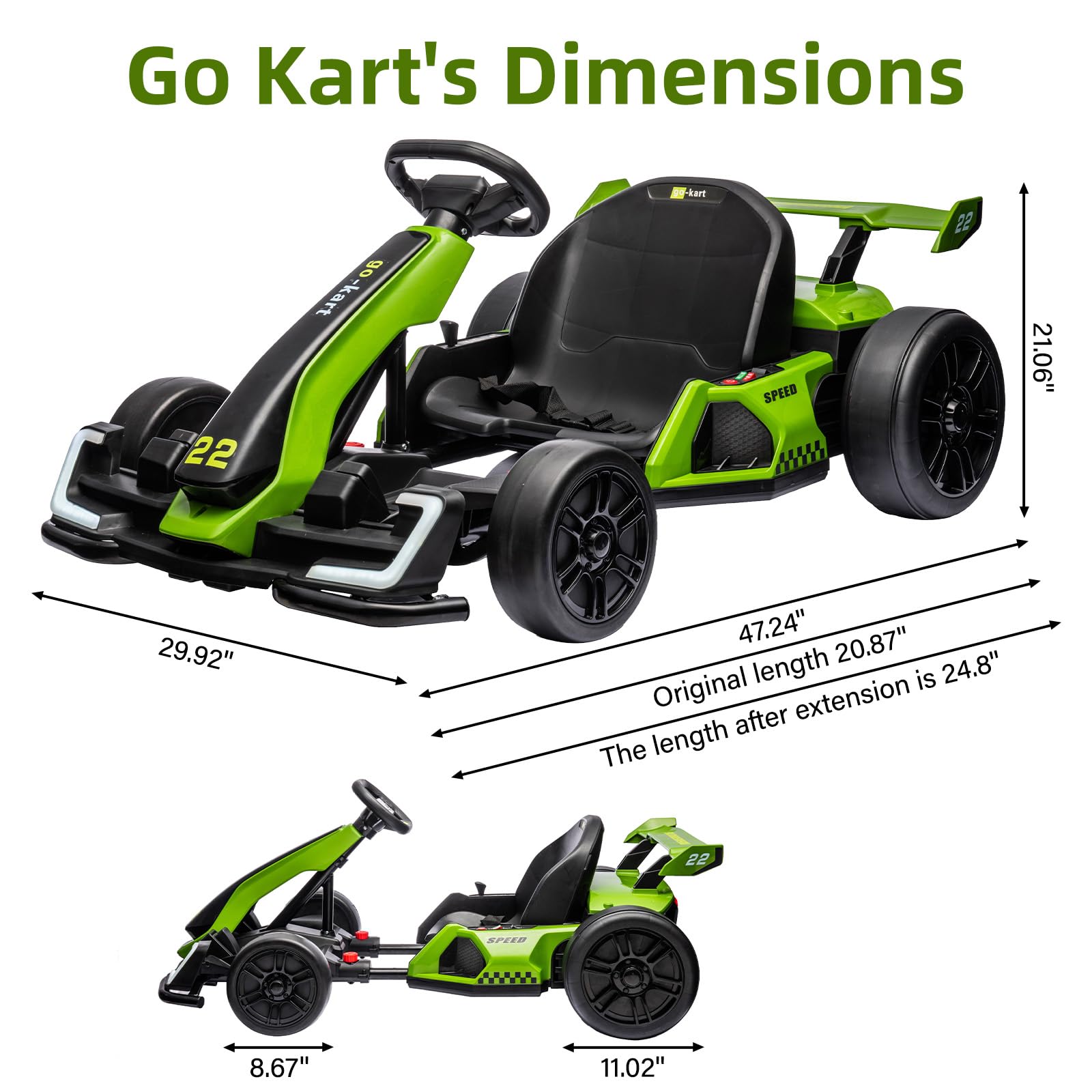 Garvee Ride - G Series: 24V Electric Go Kart, with 300W Strong Motor, Drift/Sport Mode, Big Battery, Eva Tire,Length Adjustment for Outdoor Racing Toy-Green