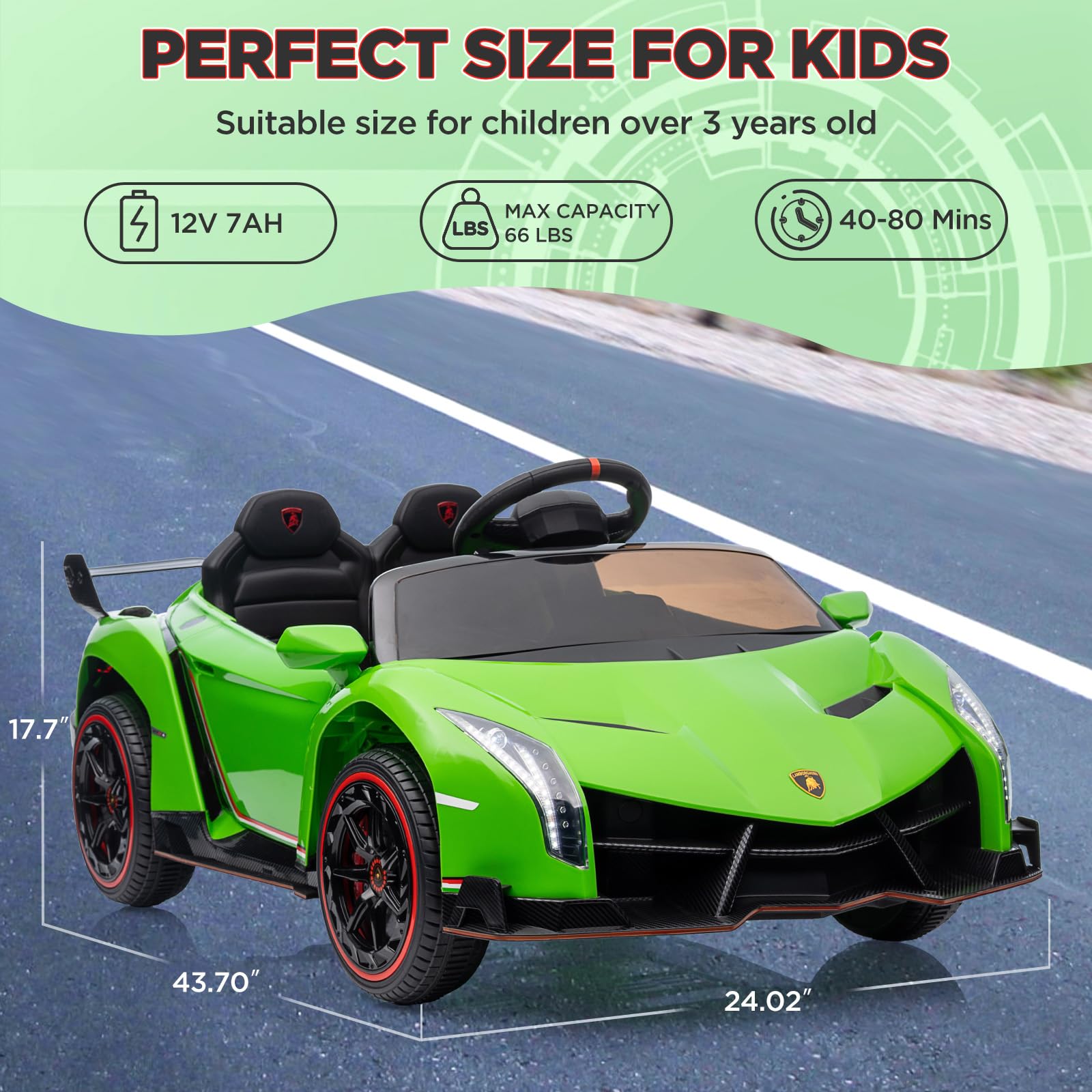 Garvee 12V Kids Ride On Car, Licensed Lamborghini Venono Electric Car w/Parent Remote Control, Scissor Door, 3 Speeds, LED Headlights, Rocking & Music, Battery Powered Ride on Toy for Boys Girls- Green