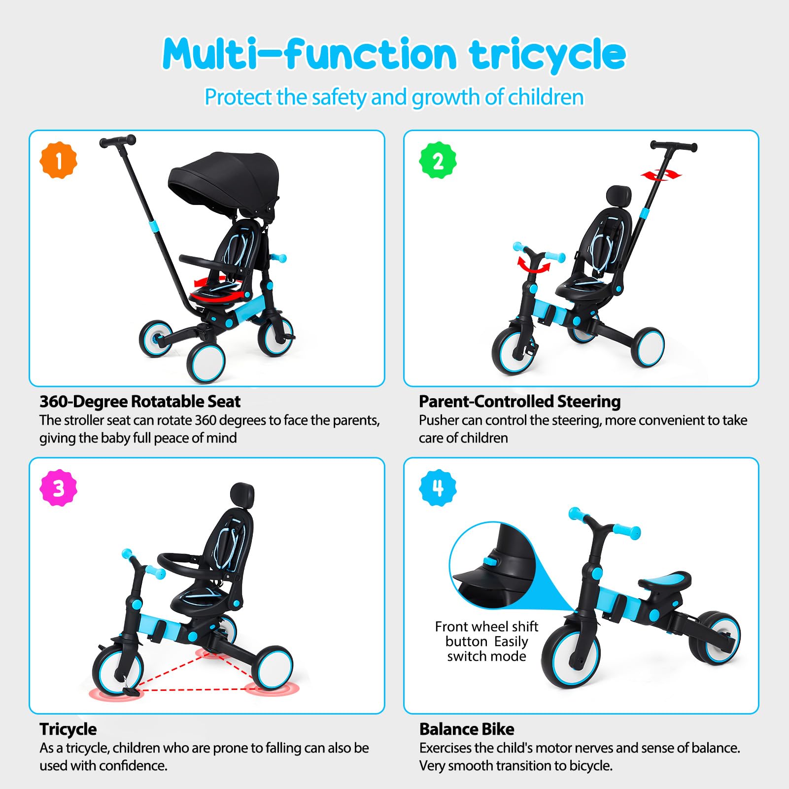 Garvee 7-in-1 Foldable Baby Tricycle with Adjustable Handle, Removable Pedal, Canopy & Guardrail, Aluminum Frame, for 12-72 Months (Blue)