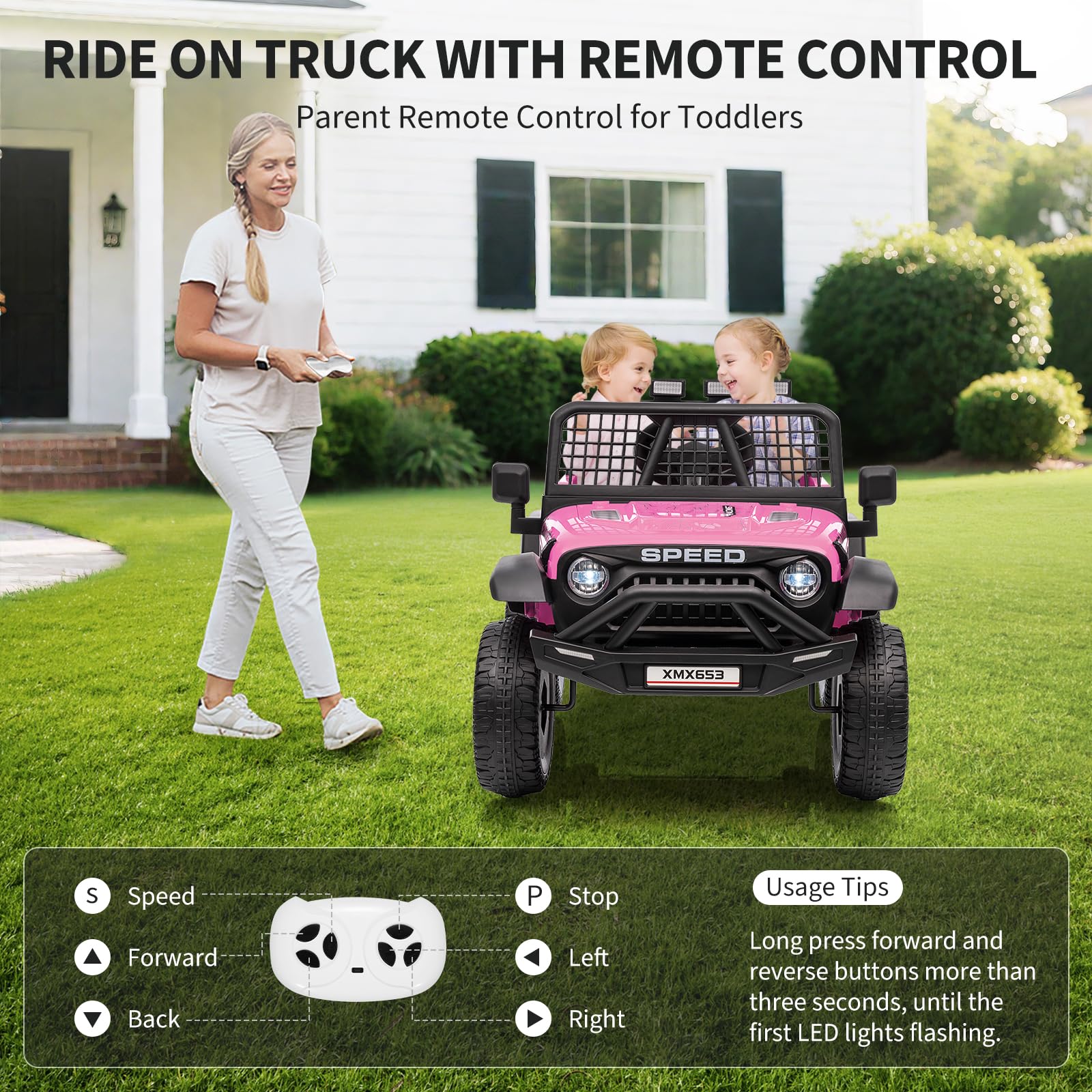 Garvee 12V Kids Ride On Truck Car with Parent Remote Control, 3 Speeds, Emergency Braking, LED Lights, Music & Horn, Pink for Boys and Girls Outdoor Adventures