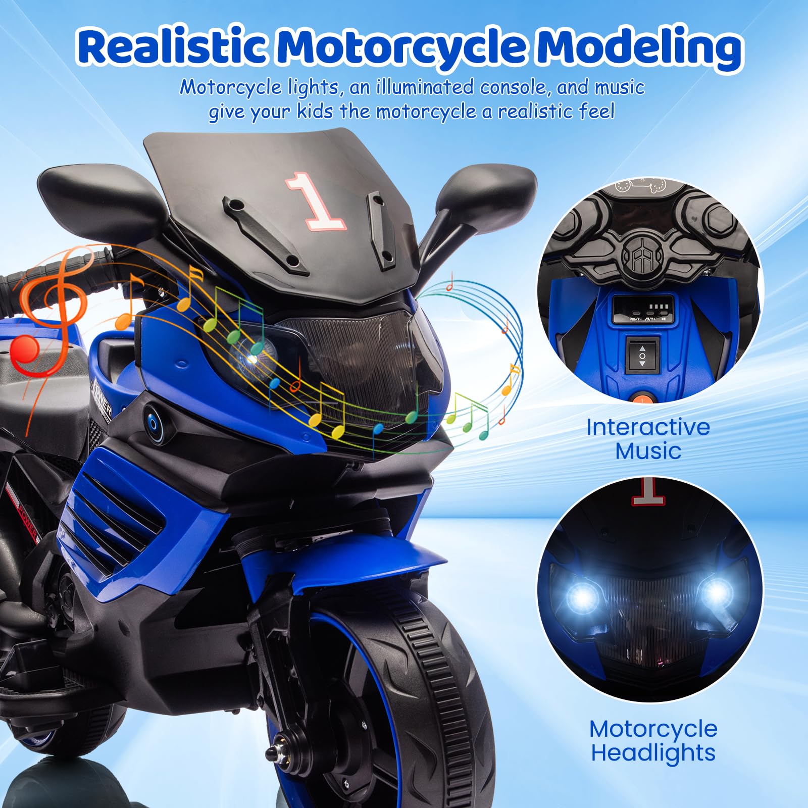 Garvee Kids 6V Ride On Motorcycle Battery Powered Ride On Toys with Training Wheels for Toddlers Blue 30.31" L x 14.96" W x 19.69" H