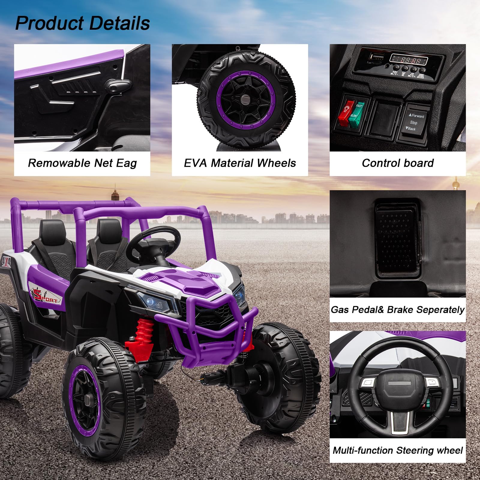 Garvee 2 Seater Ride on Car for Kids, 24V Powered Electric Off-Road UTV Ride Toy, 4WD Electric Vehicle with Remote Control, LED Lights, Bluetooth, 3 Speeds, Horn, 2 Spring Suspension